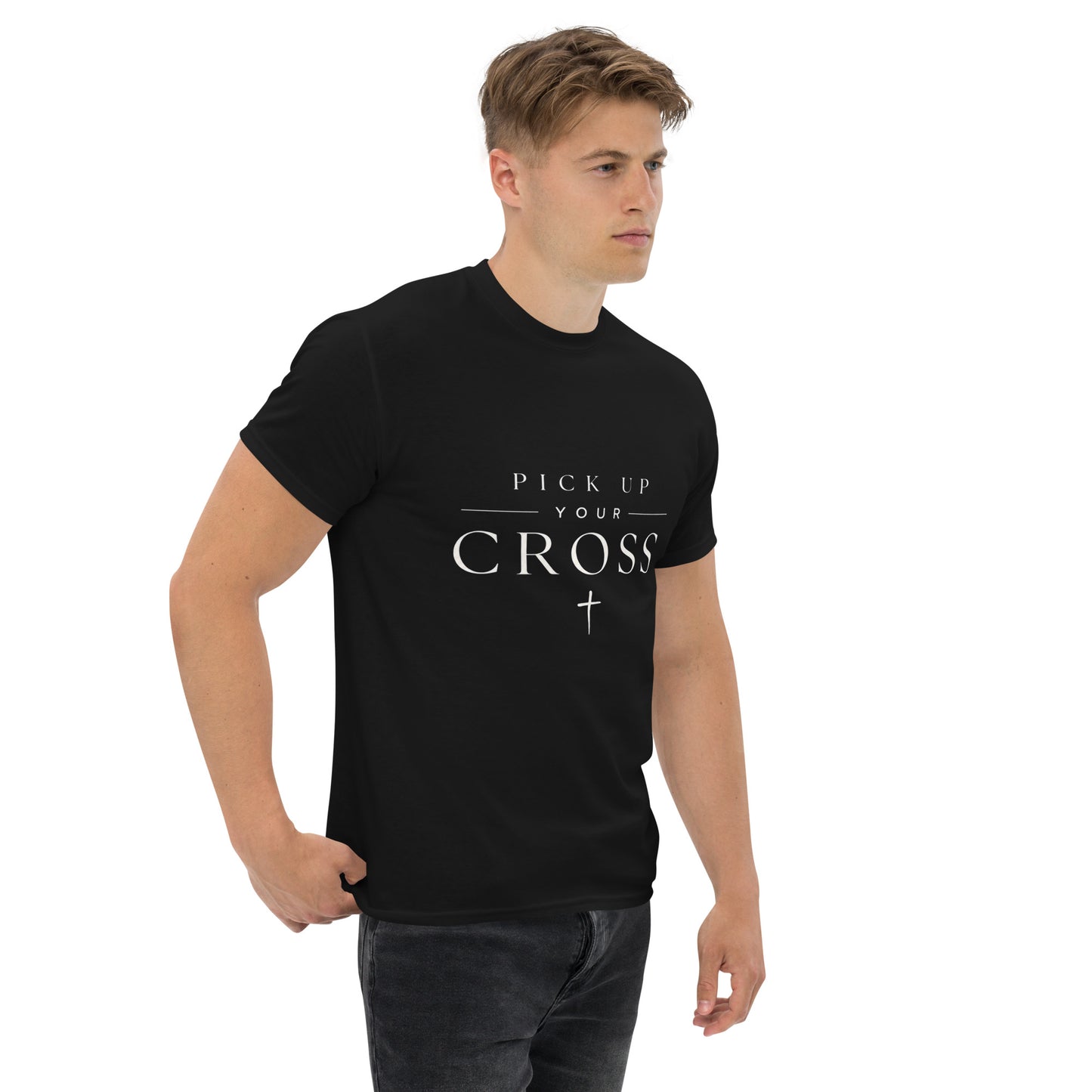 Black Christian T-shirt featuring “Pick Up Your Cross” bold faith statement design inspired by Luke 9:23, streetwear-style gospel apparel.