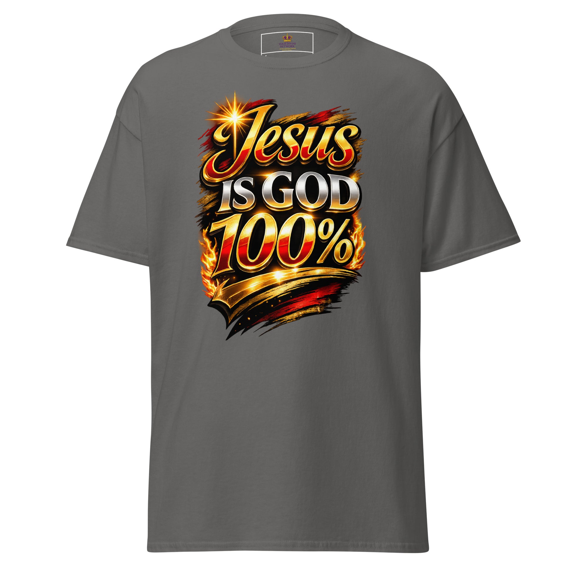 “Jesus is God 100 percent Christian t shirt bold faith statement design gold red lettering”
