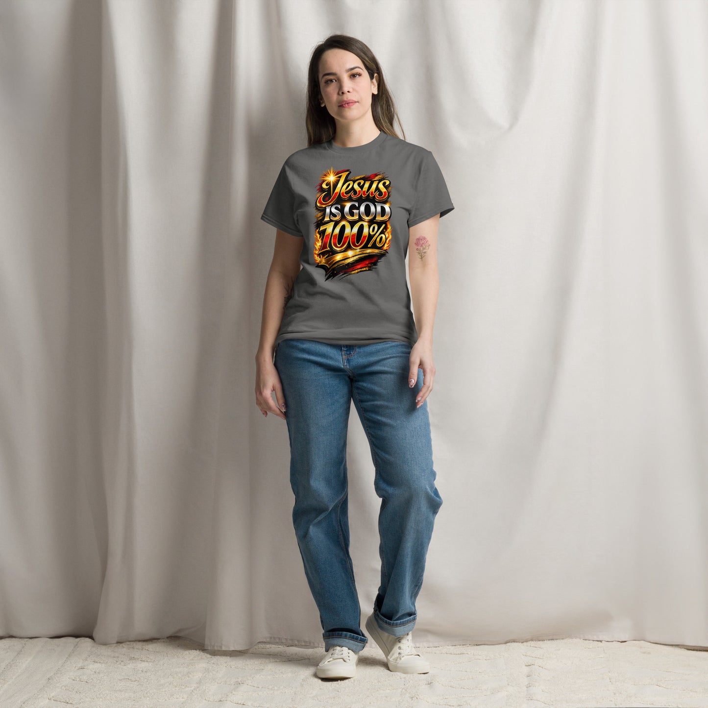“Jesus is God 100 percent Christian t shirt bold faith statement design gold red lettering”