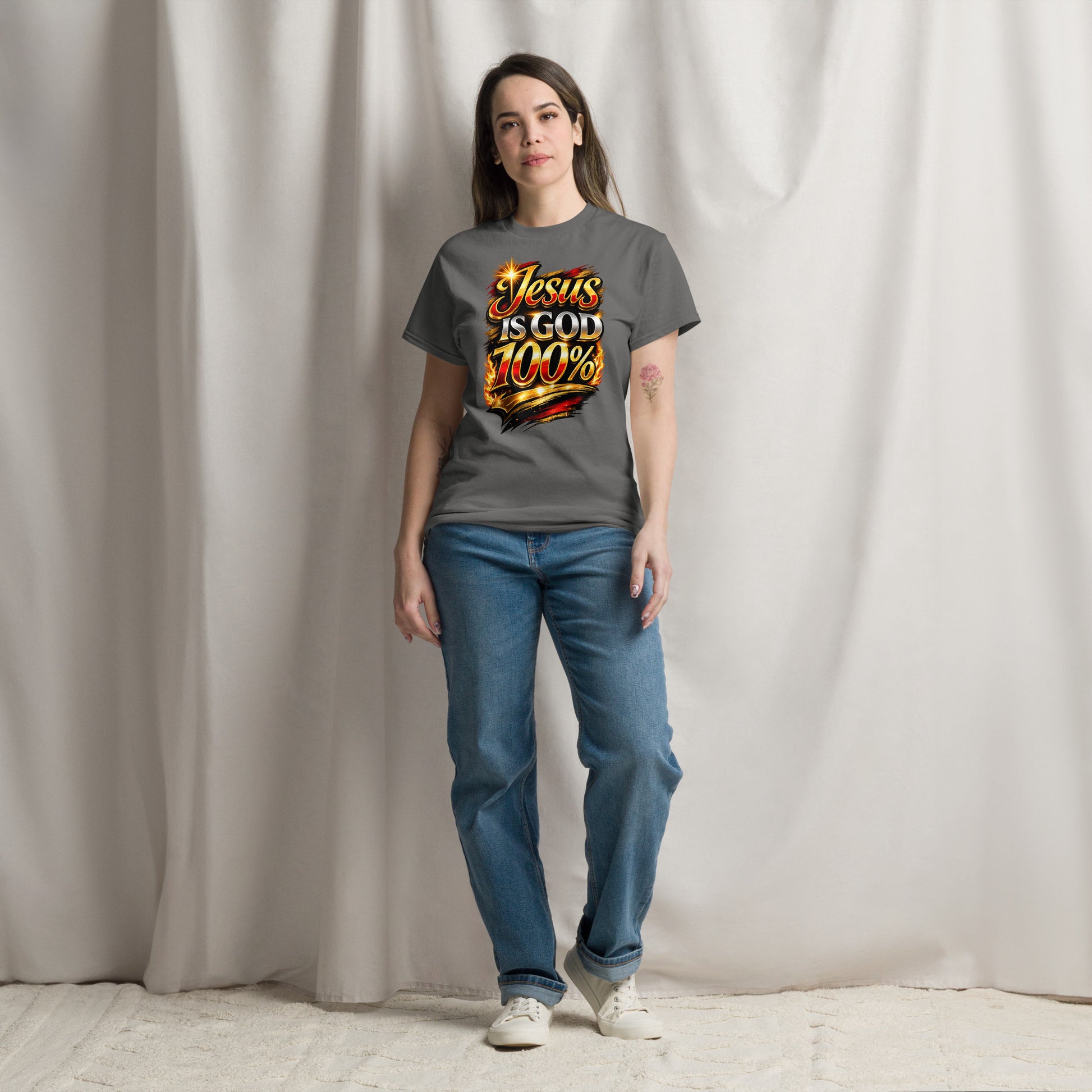 “Jesus is God 100 percent Christian t shirt bold faith statement design gold red lettering”