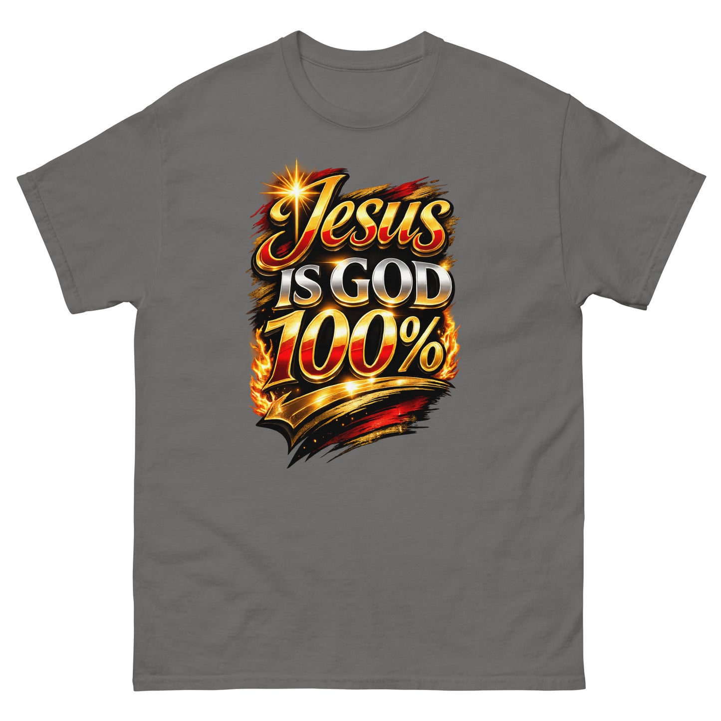 “Jesus is God 100 percent Christian t shirt bold faith statement design gold red lettering”