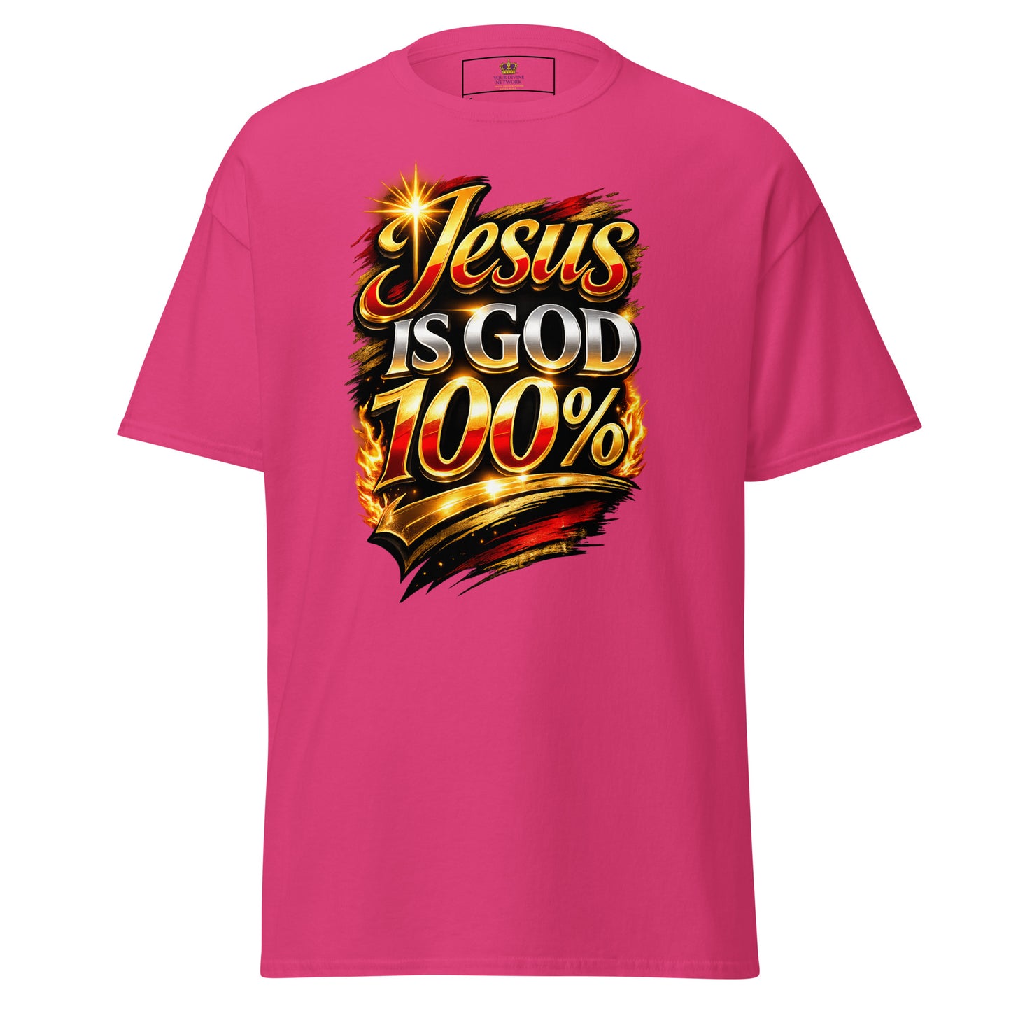 “Jesus is God 100 percent Christian t shirt bold faith statement design gold red lettering”