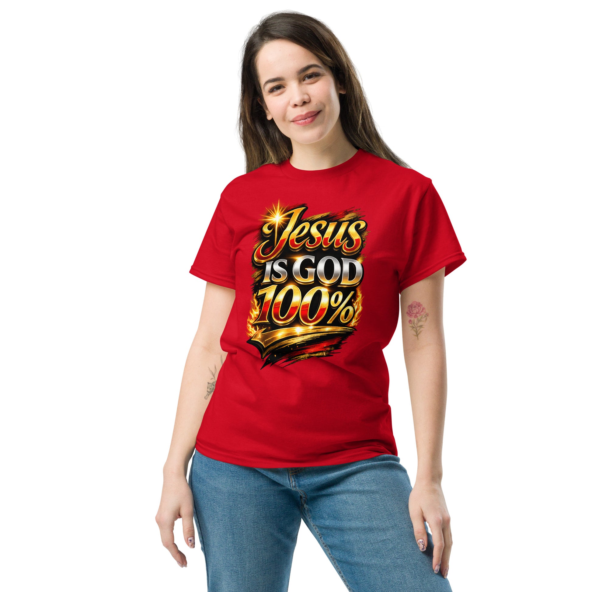 “Jesus is God 100 percent Christian t shirt bold faith statement design gold red lettering”