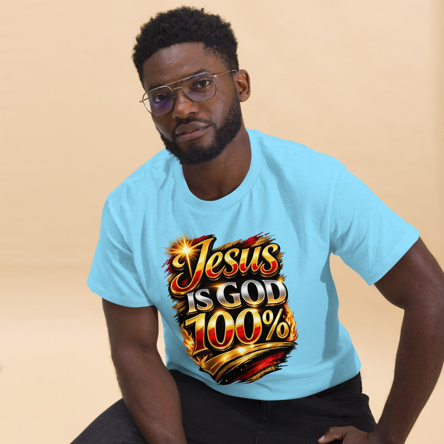 “Jesus is God 100 percent Christian t shirt bold faith statement design gold red lettering”