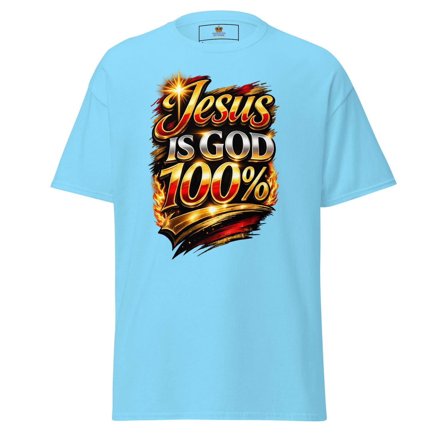 “Jesus is God 100 percent Christian t shirt bold faith statement design gold red lettering”