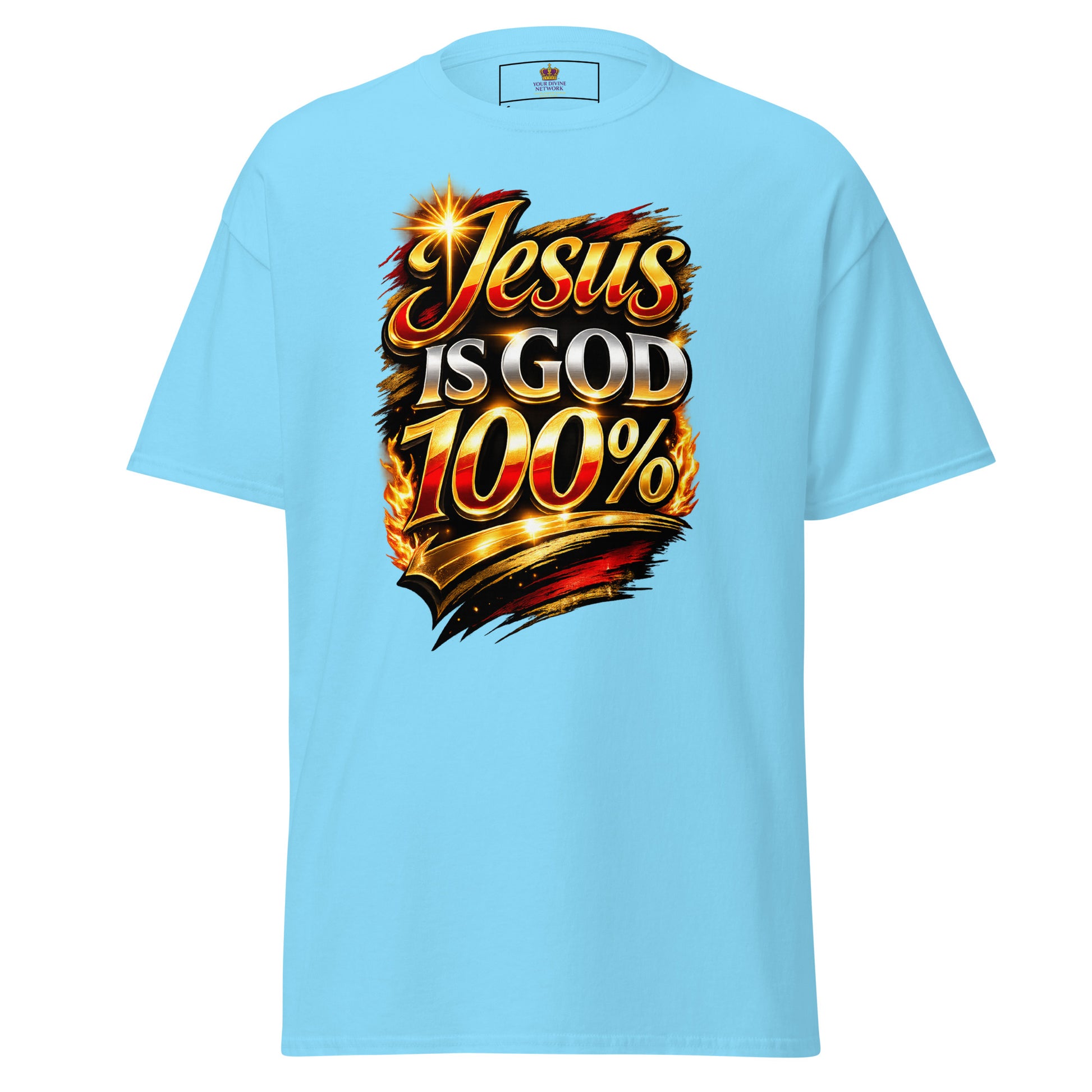 “Jesus is God 100 percent Christian t shirt bold faith statement design gold red lettering”
