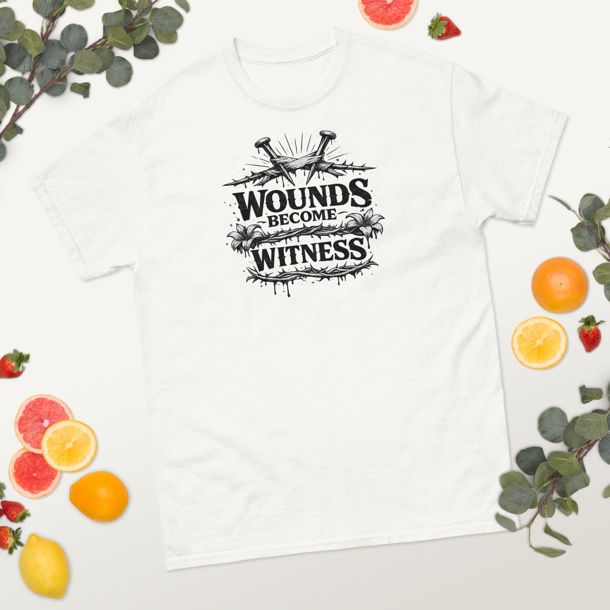 “Christian white t shirt wounds become witness design crown of thorns nails faith healing apparel”