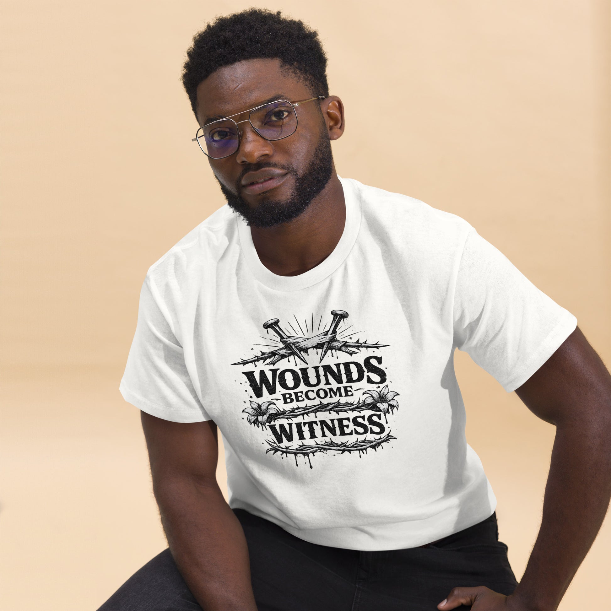 “Christian white t shirt wounds become witness design crown of thorns nails faith healing apparel”