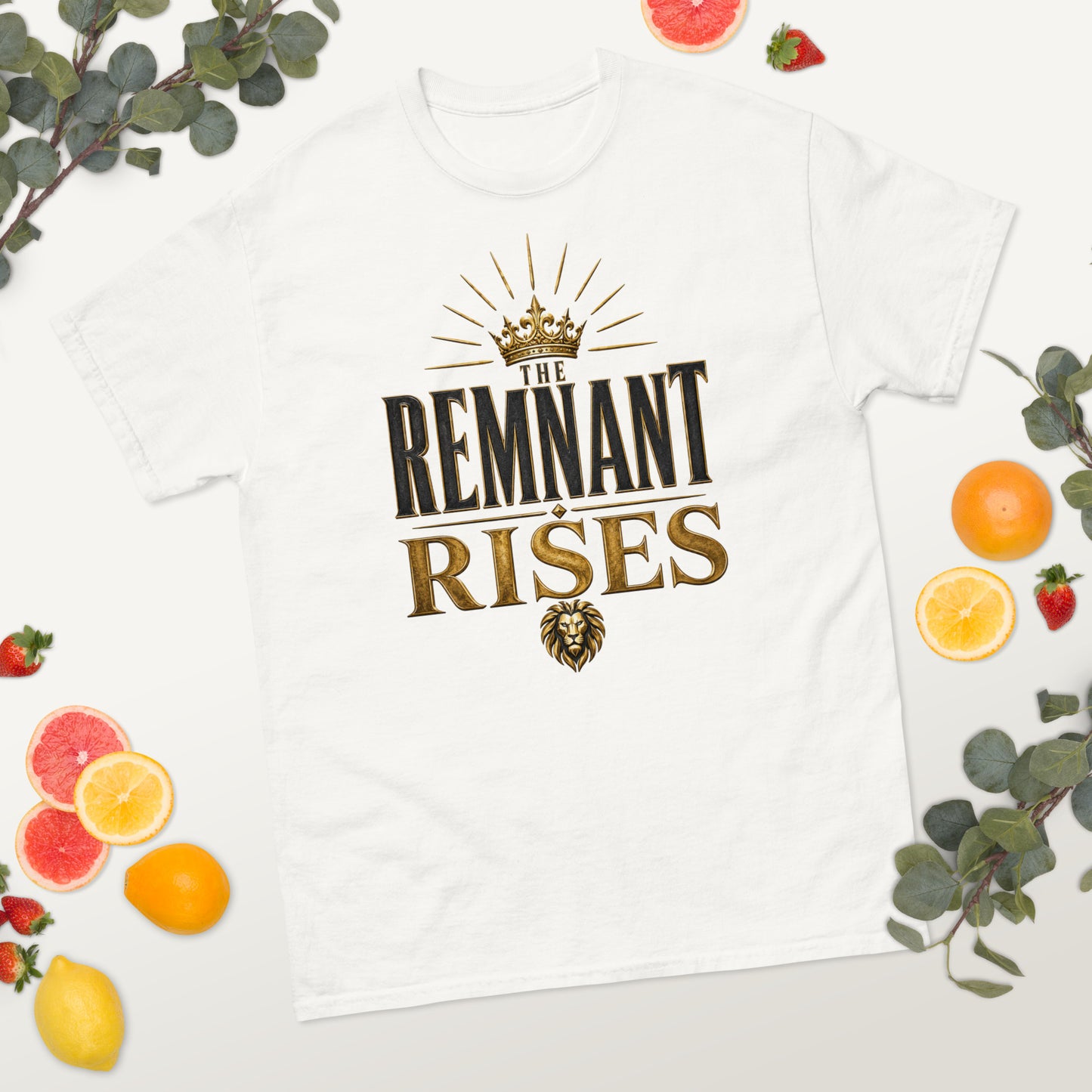“Christian white t shirt the remnant rises design crown lion Kingdom faith apparel”