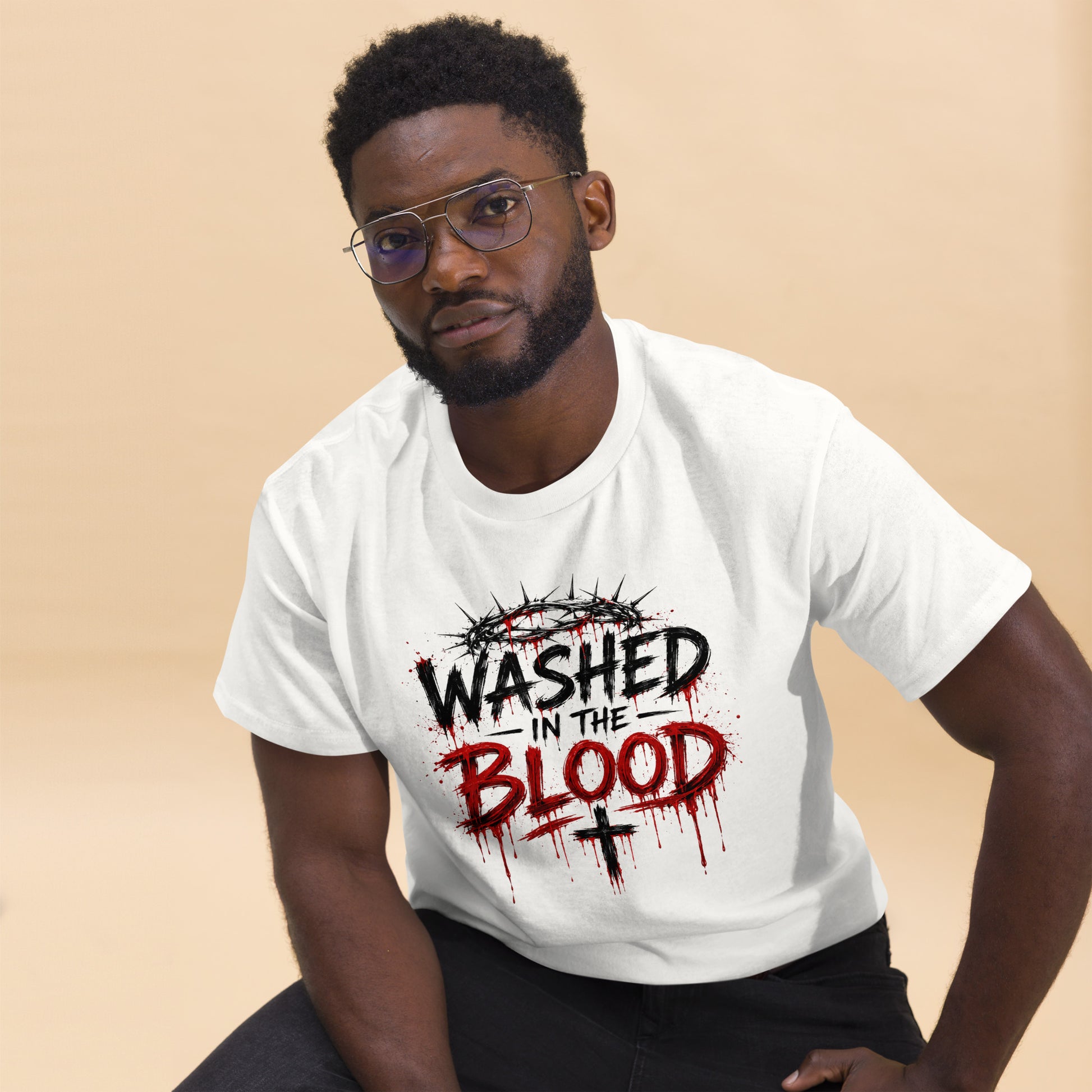 “Christian white t shirt washed in the blood design crown of thorns red dripping faith apparel”