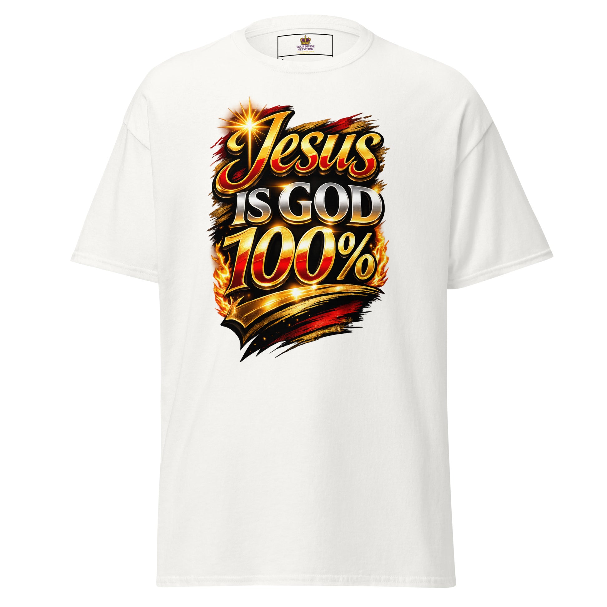 “Jesus is God 100 percent Christian t shirt bold faith statement design gold red lettering”