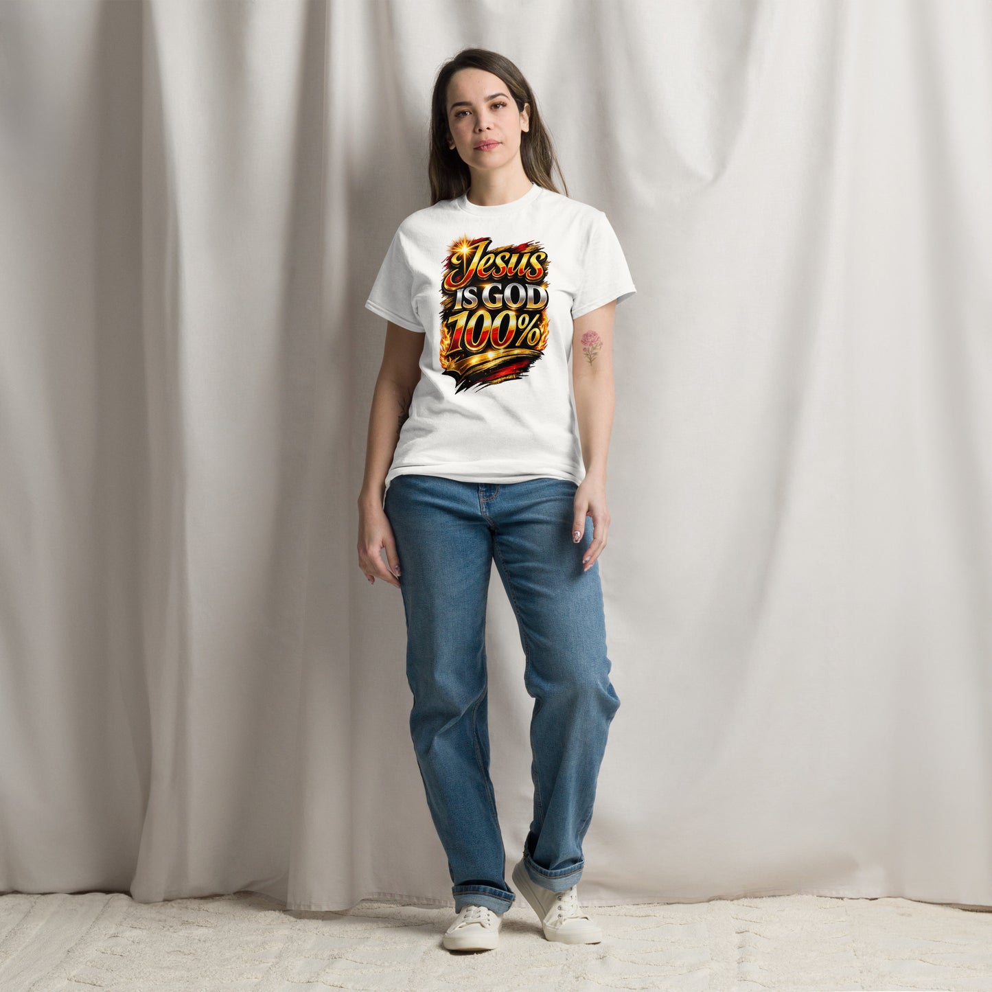 “Jesus is God 100 percent Christian t shirt bold faith statement design gold red lettering”
