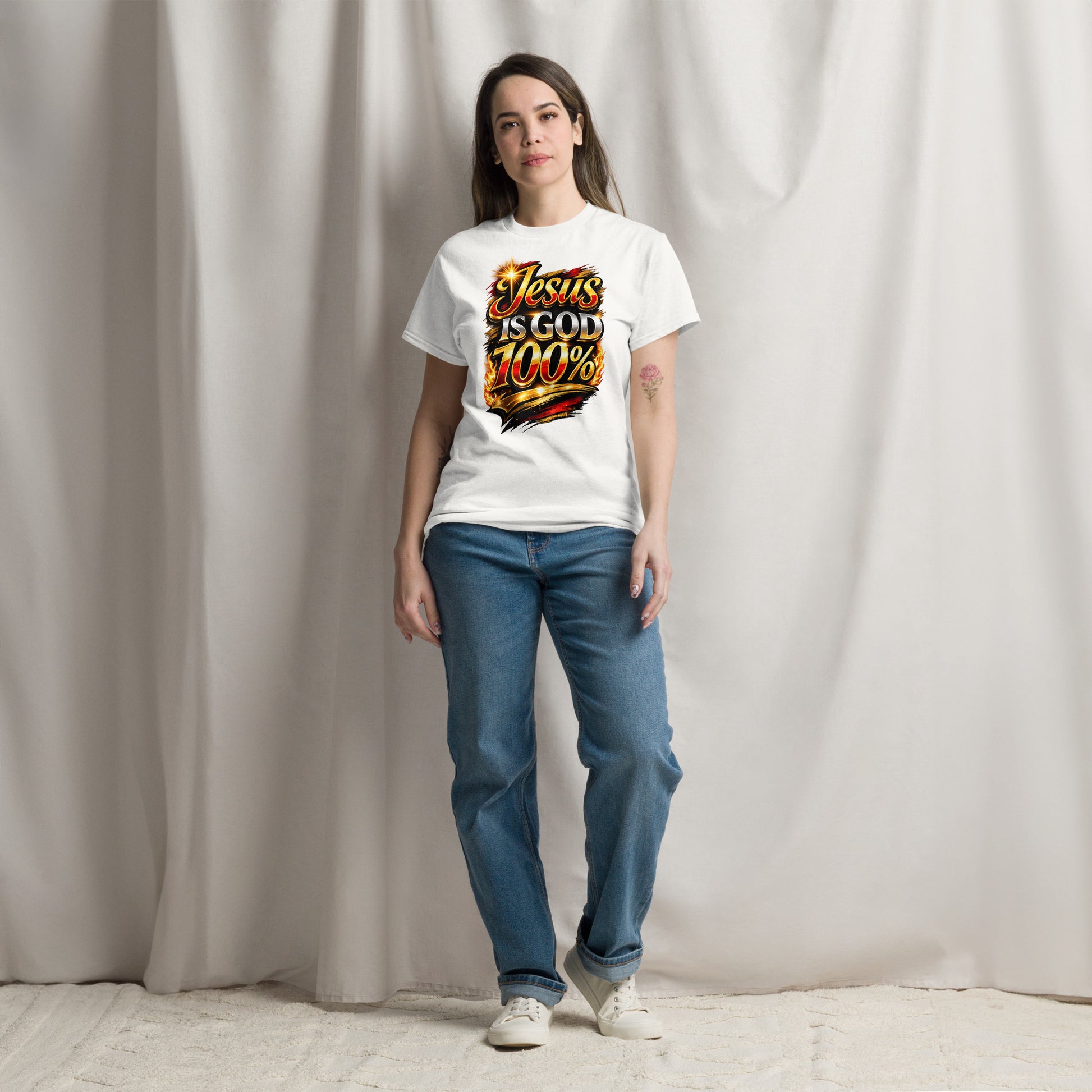 “Jesus is God 100 percent Christian t shirt bold faith statement design gold red lettering”