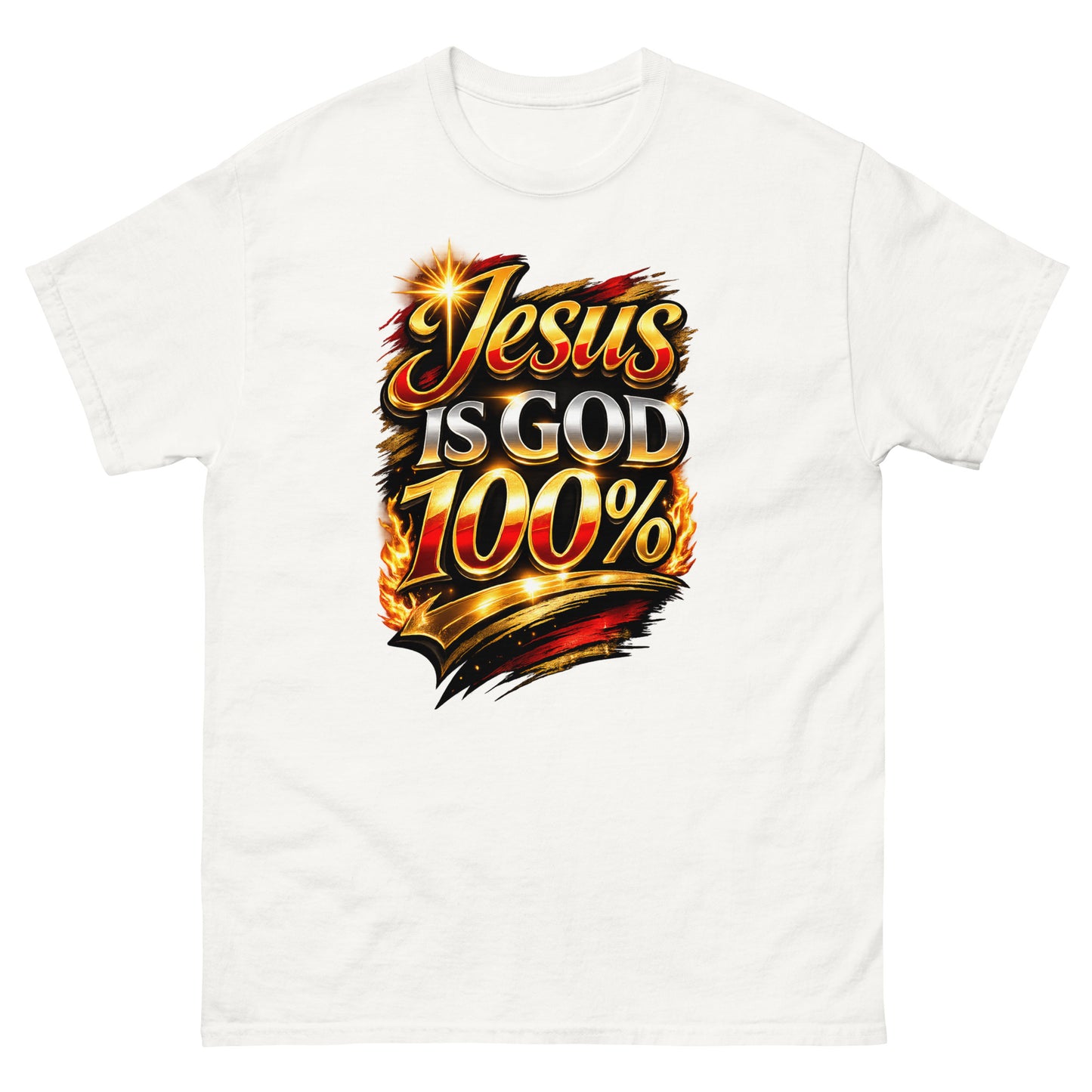 “Jesus is God 100 percent Christian t shirt bold faith statement design gold red lettering”