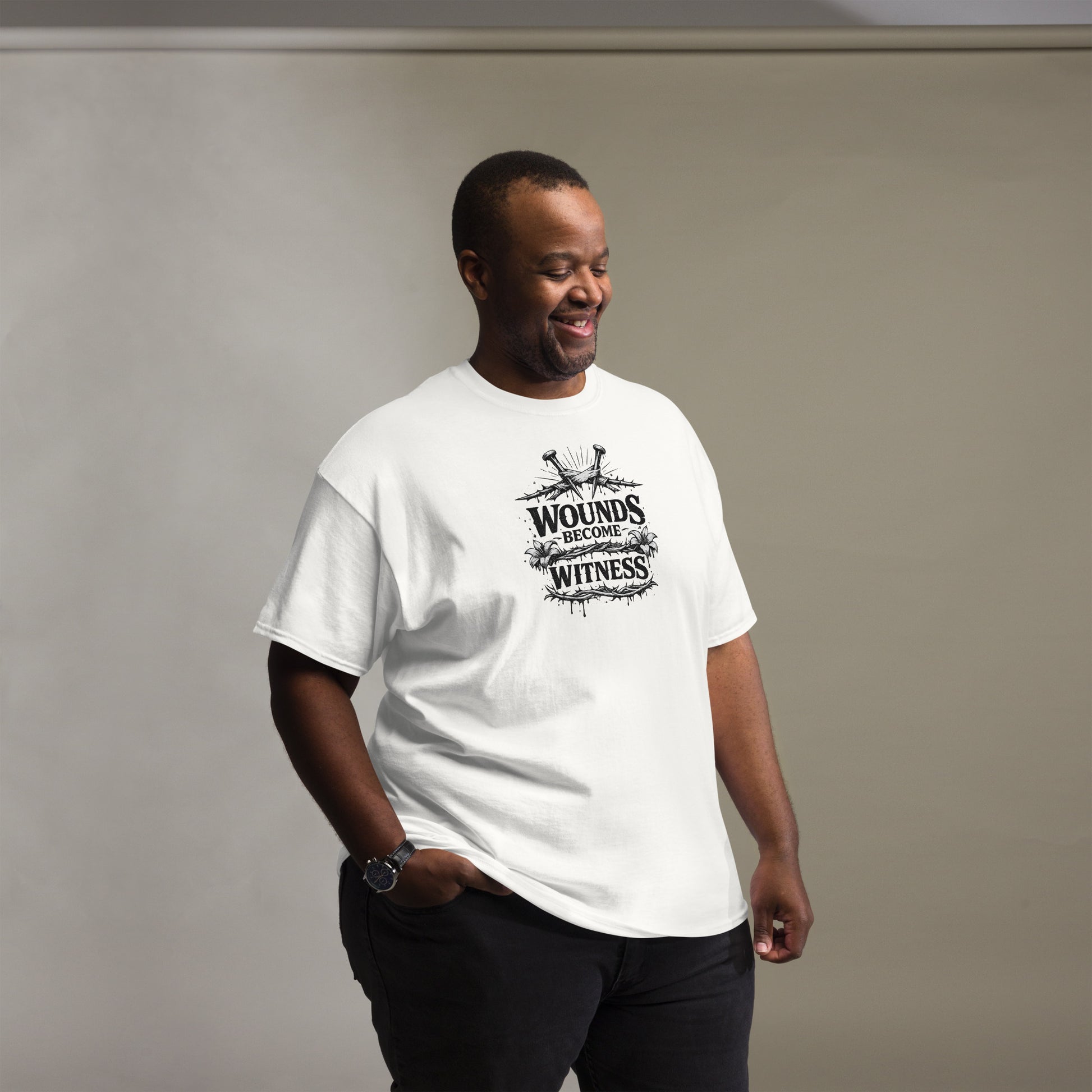 “Christian white t shirt wounds become witness design crown of thorns nails faith healing apparel”