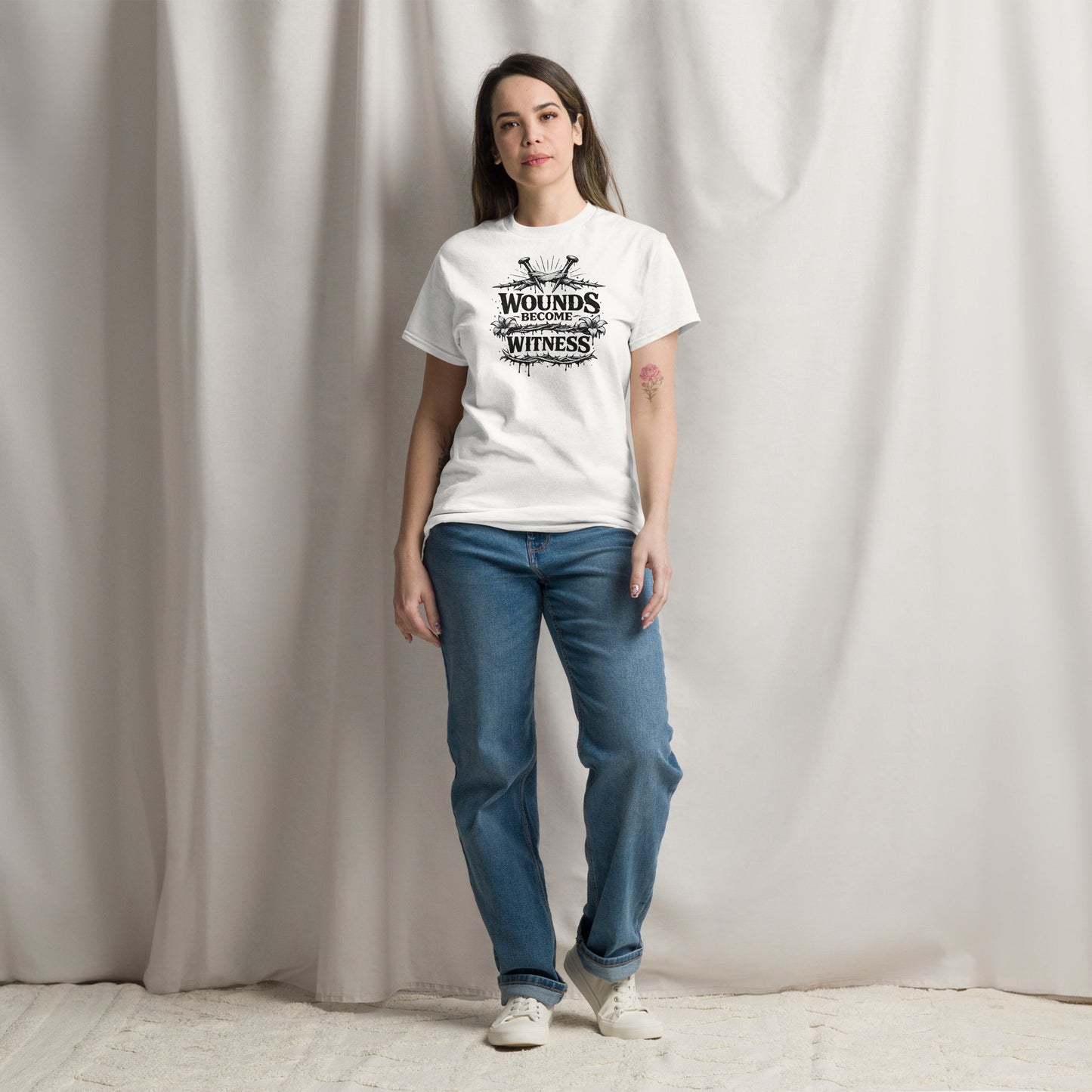 “Christian white t shirt wounds become witness design crown of thorns nails faith healing apparel”