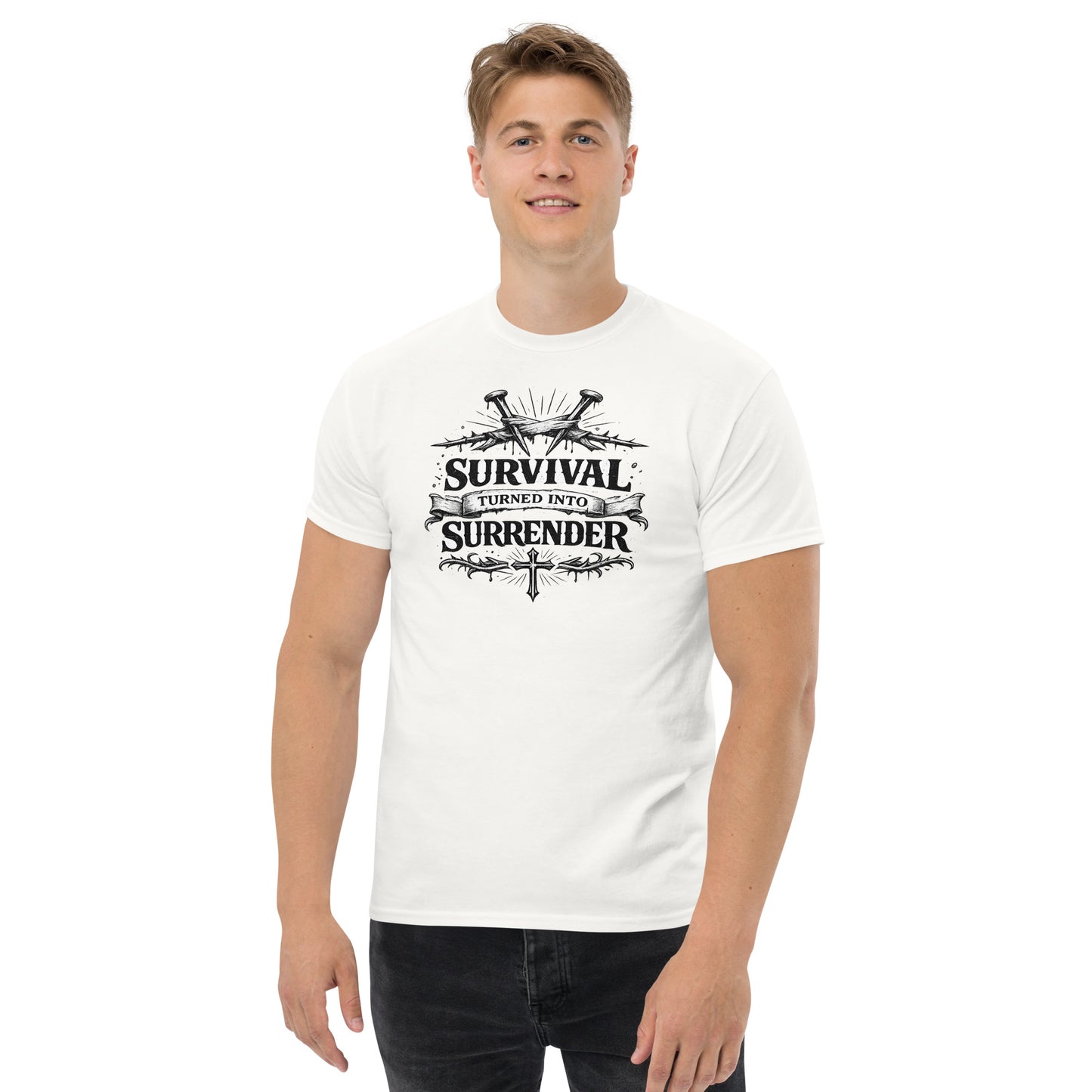 “Christian white t shirt survival turned into surrender design cross nails crown of thorns faith apparel”