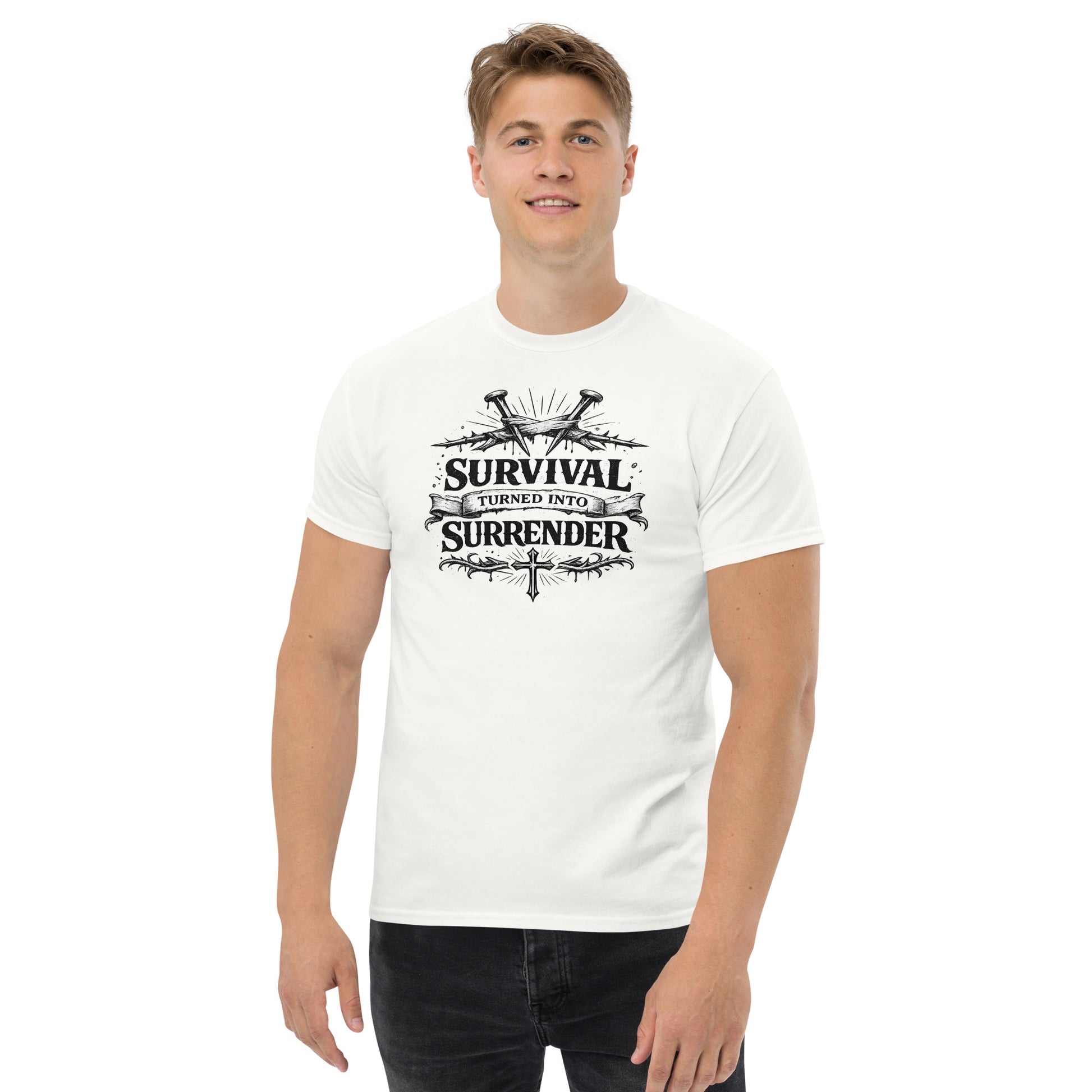 “Christian white t shirt survival turned into surrender design cross nails crown of thorns faith apparel”