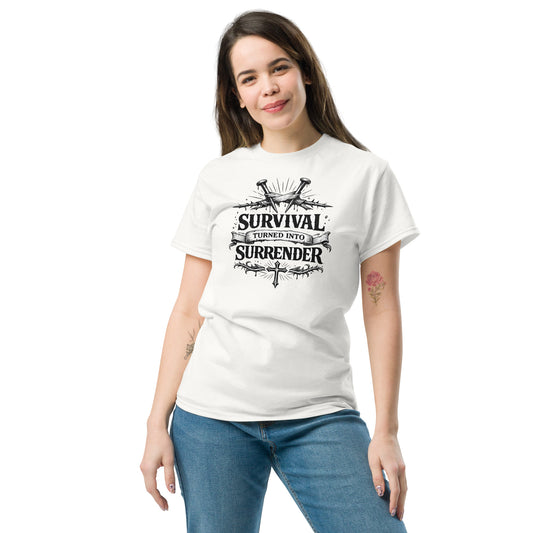 “Christian white t shirt survival turned into surrender design cross nails crown of thorns faith apparel”