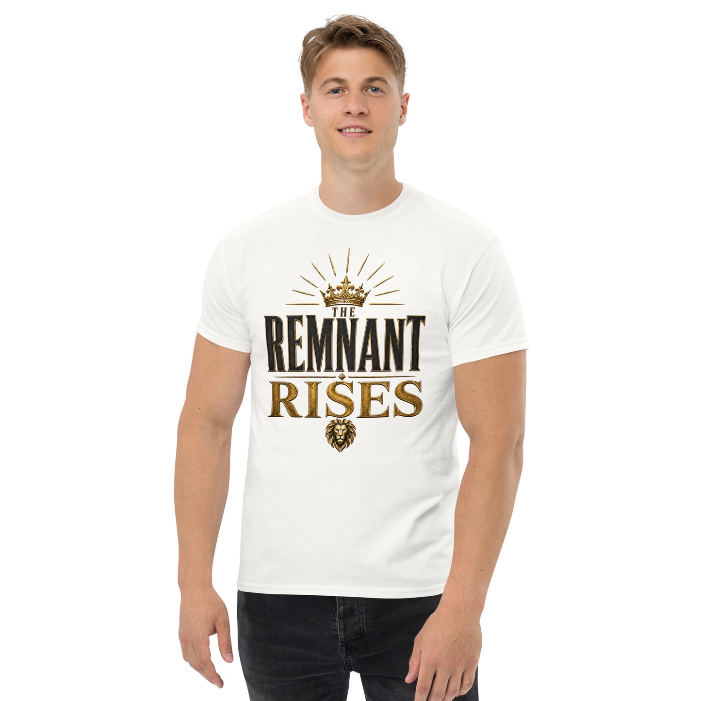“Christian white t shirt the remnant rises design crown lion Kingdom faith apparel”