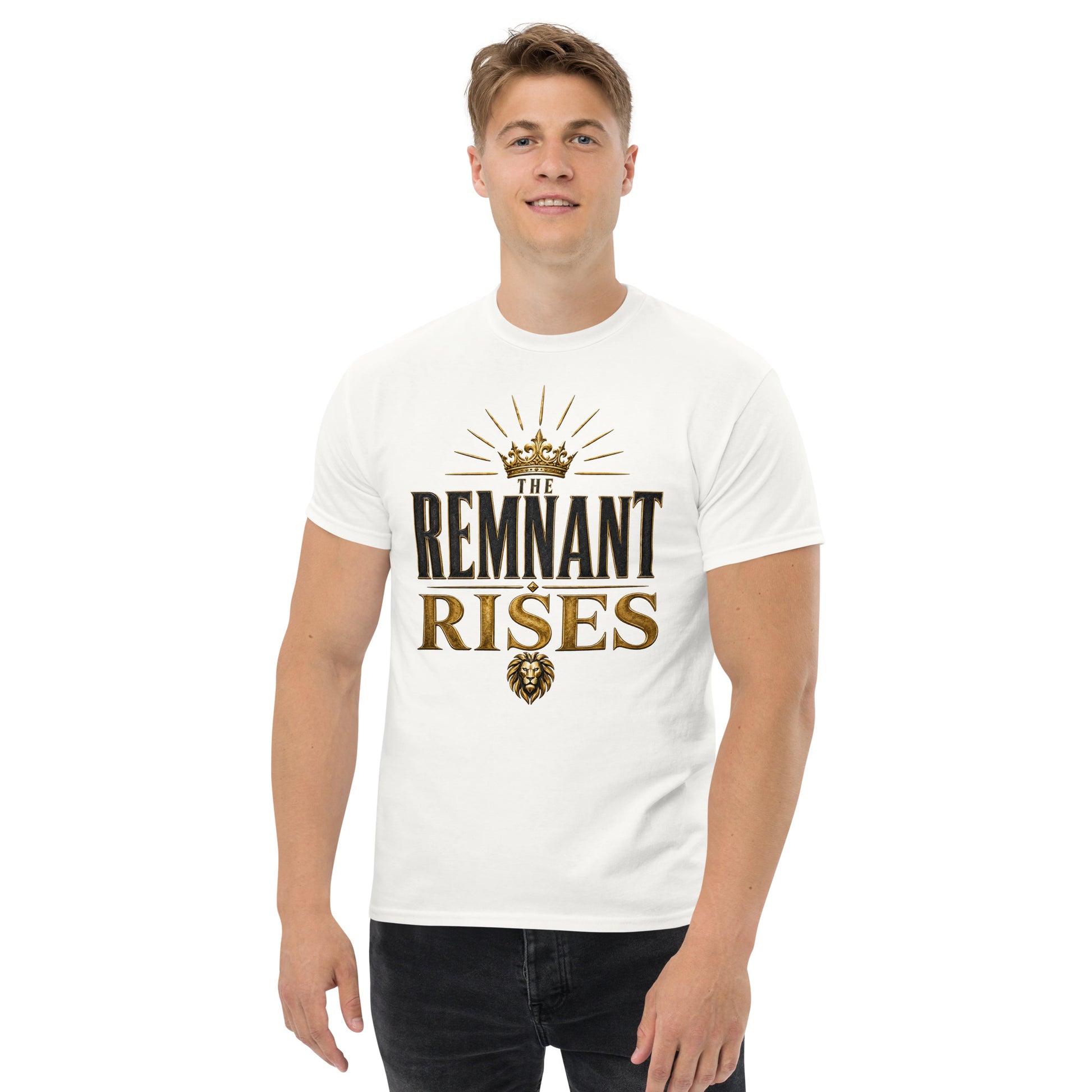 “Christian white t shirt the remnant rises design crown lion Kingdom faith apparel”