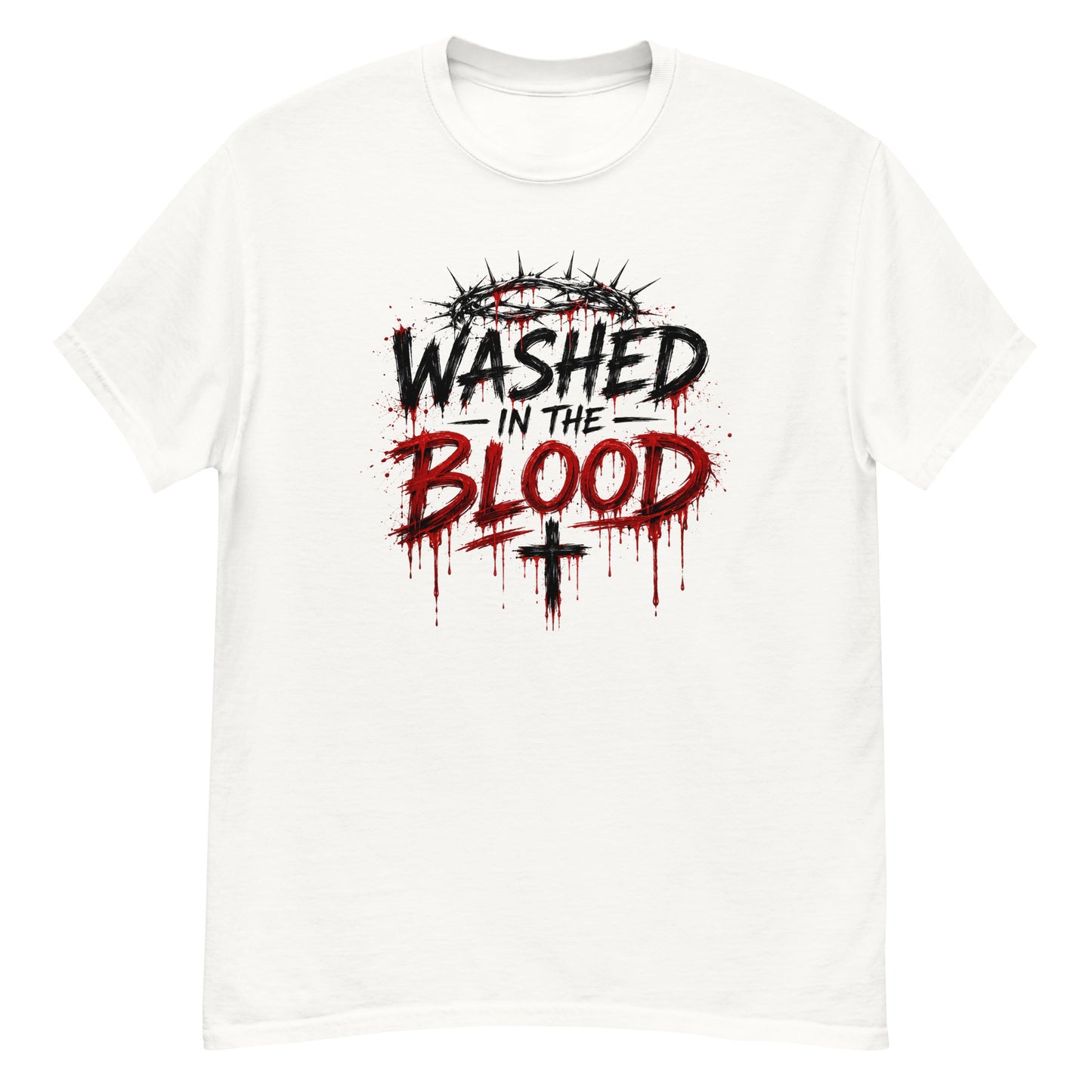 “Christian white t shirt washed in the blood design crown of thorns red dripping faith apparel”