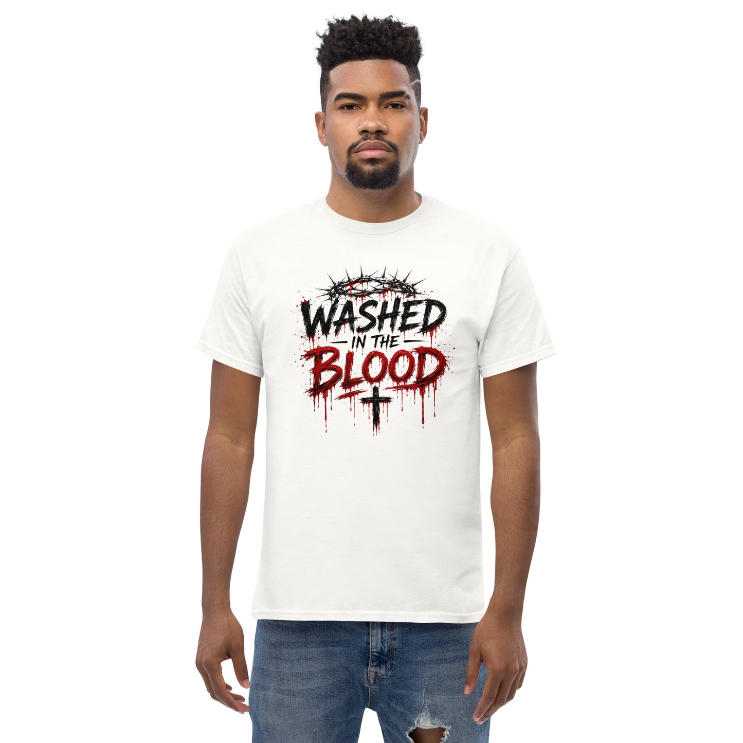“Christian white t shirt washed in the blood design crown of thorns red dripping faith apparel”