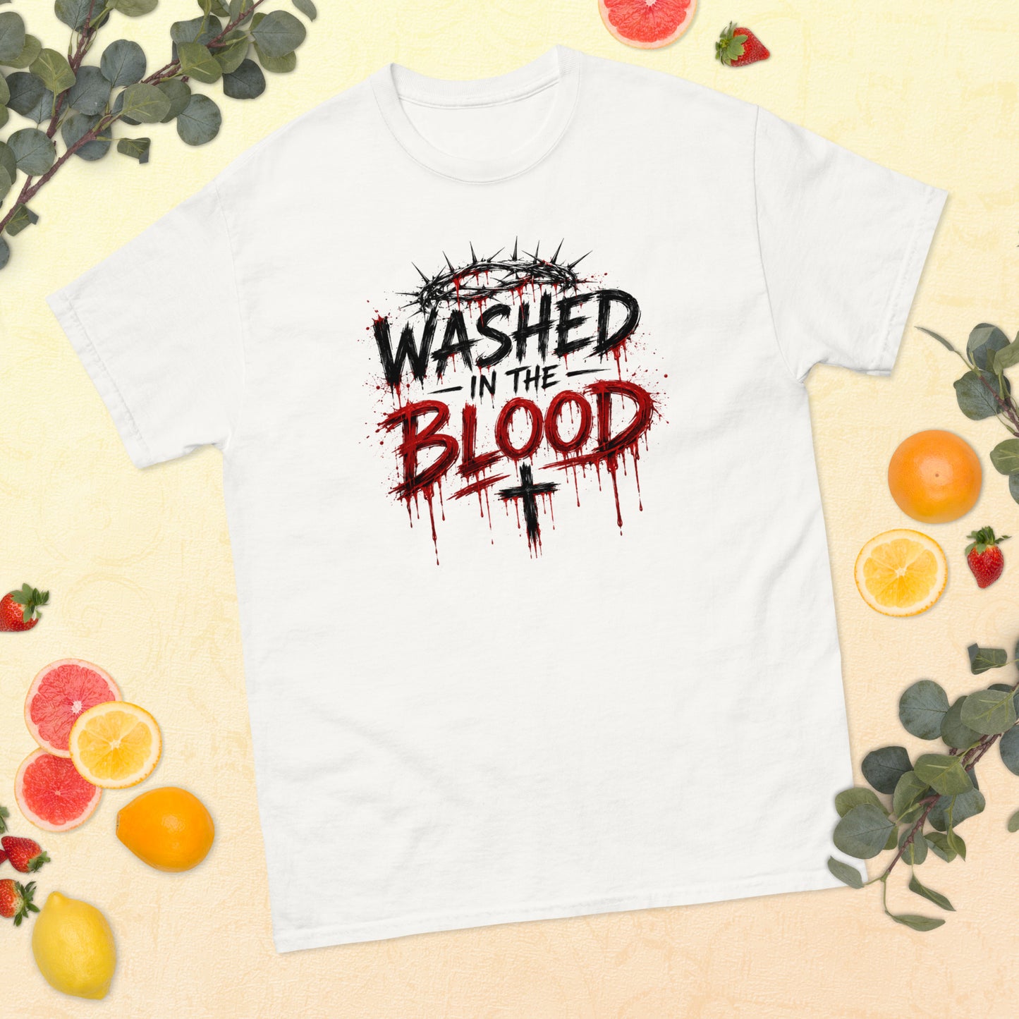 “Christian white t shirt washed in the blood design crown of thorns red dripping faith apparel”