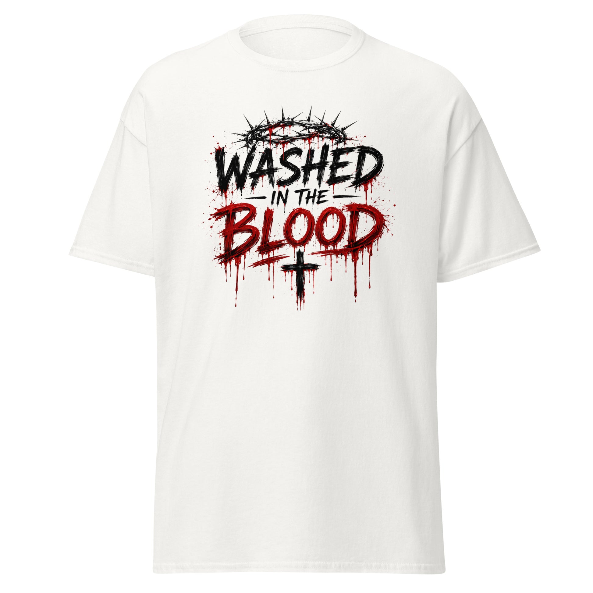 “Christian white t shirt washed in the blood design crown of thorns red dripping faith apparel”