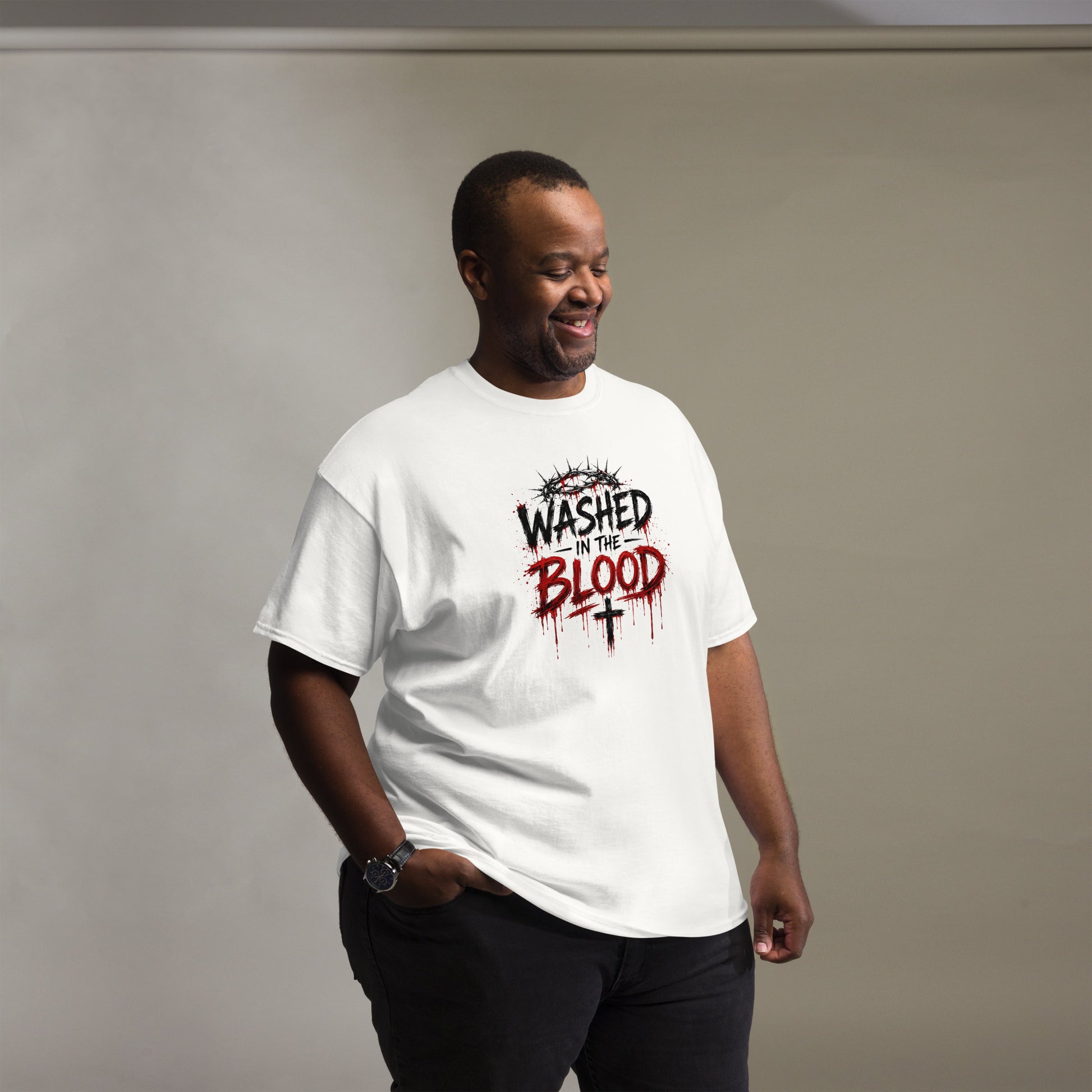 “Christian white t shirt washed in the blood design crown of thorns red dripping faith apparel”