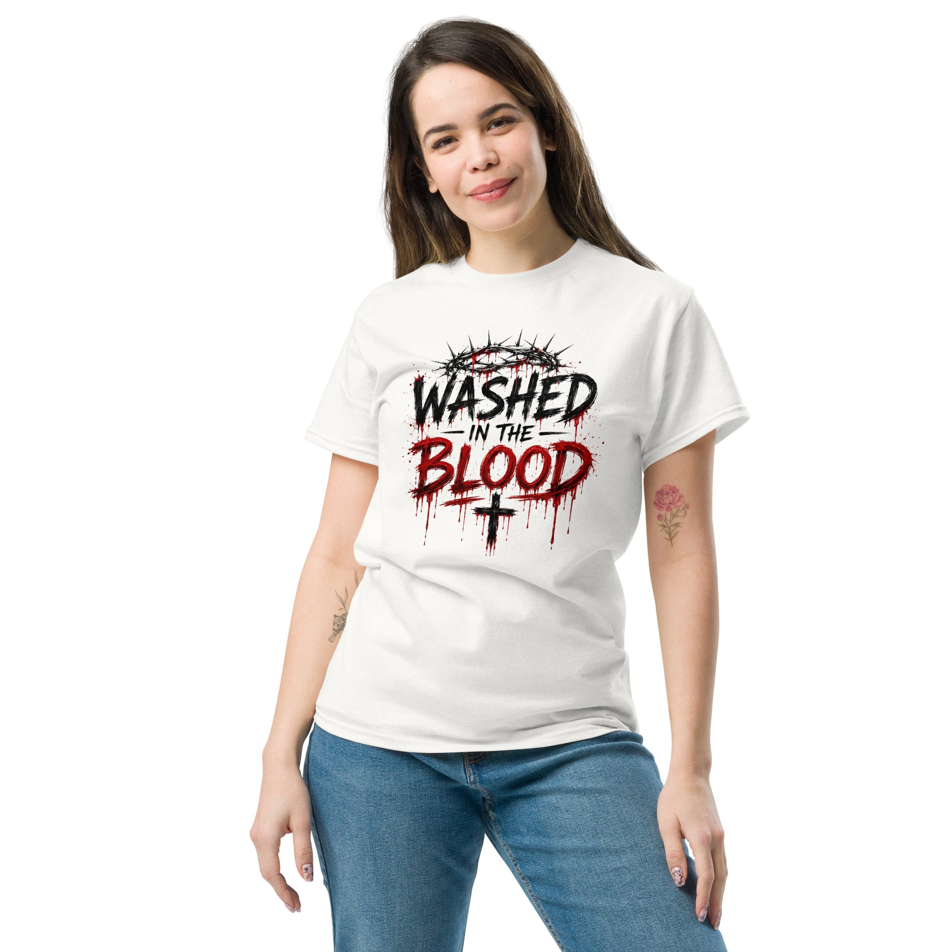 “Christian white t shirt washed in the blood design crown of thorns red dripping faith apparel”