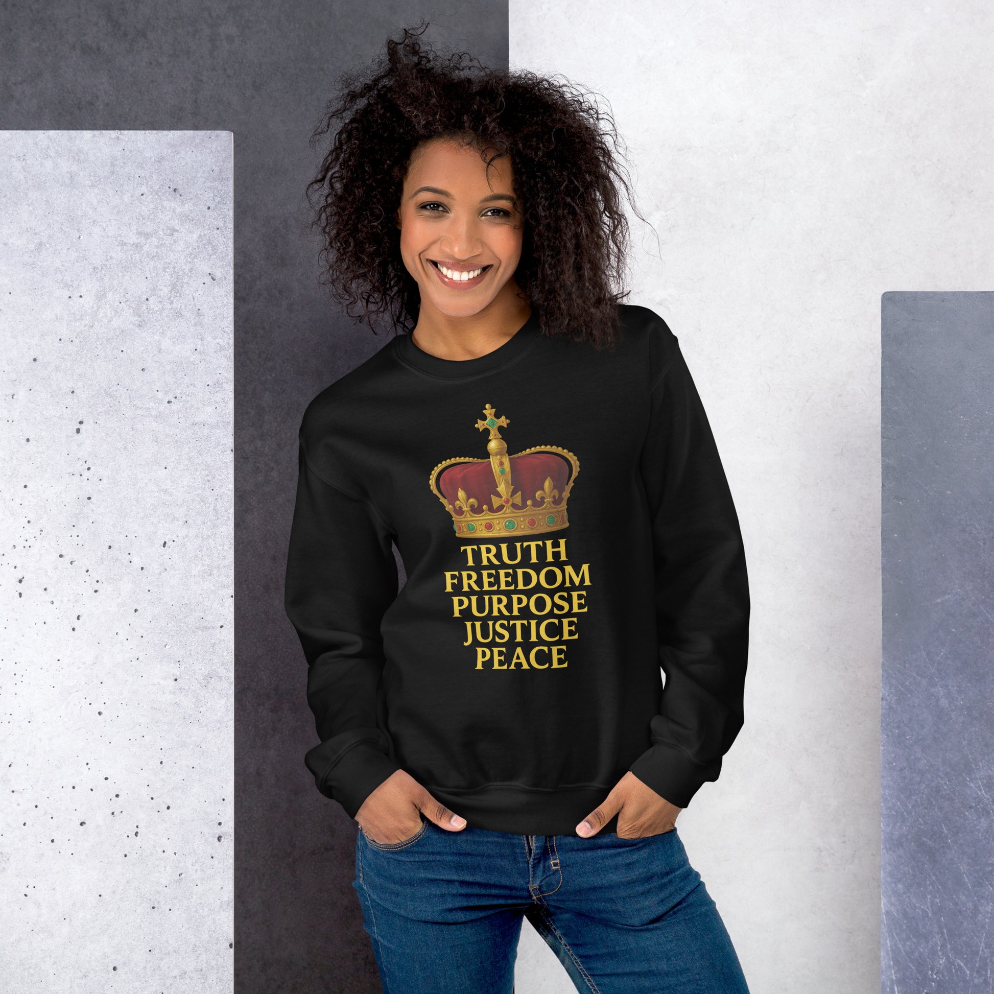 Christian sweatshirt with Truth • Freedom • Purpose • Justice • Peace royal crown design