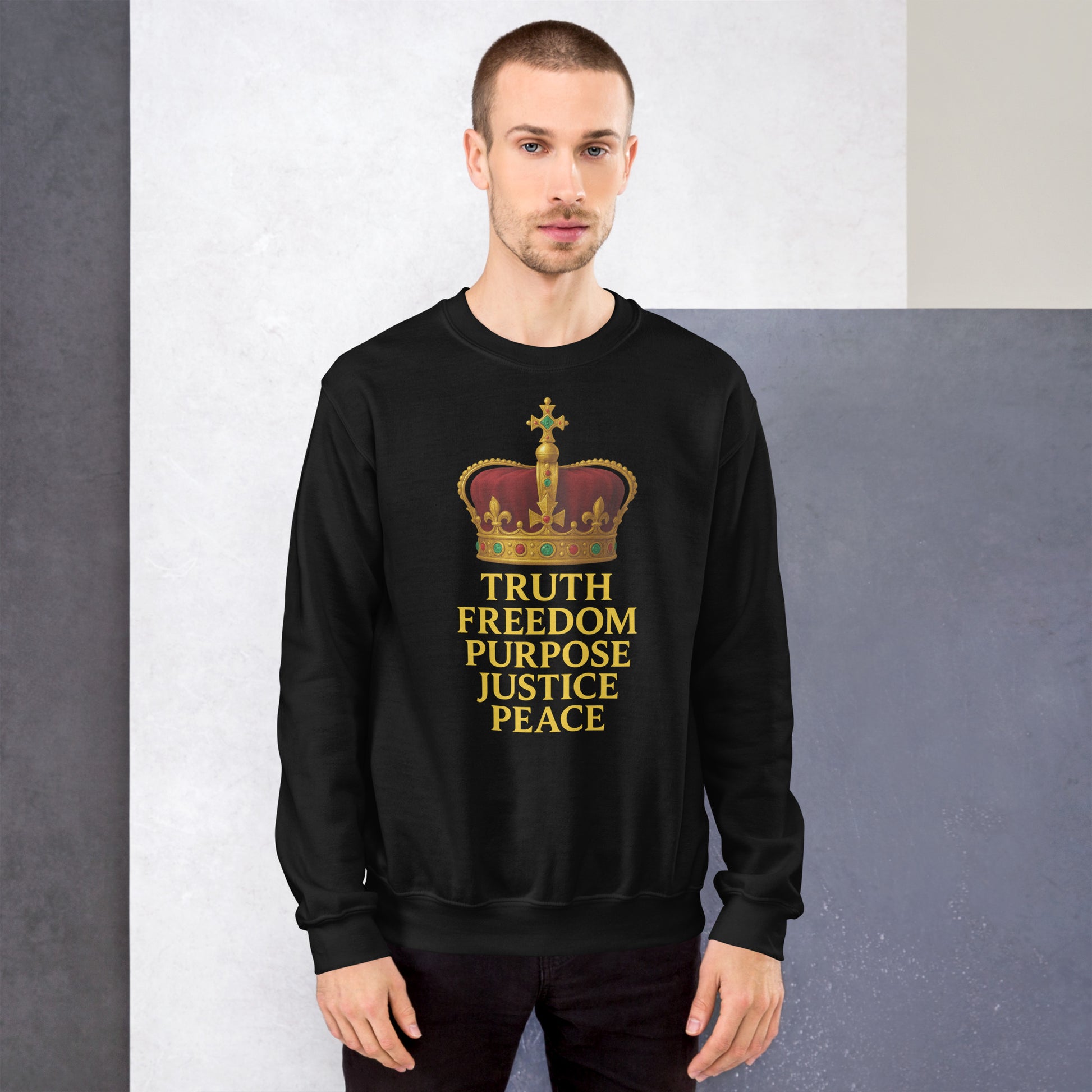 Christian sweatshirt with Truth • Freedom • Purpose • Justice • Peace royal crown design