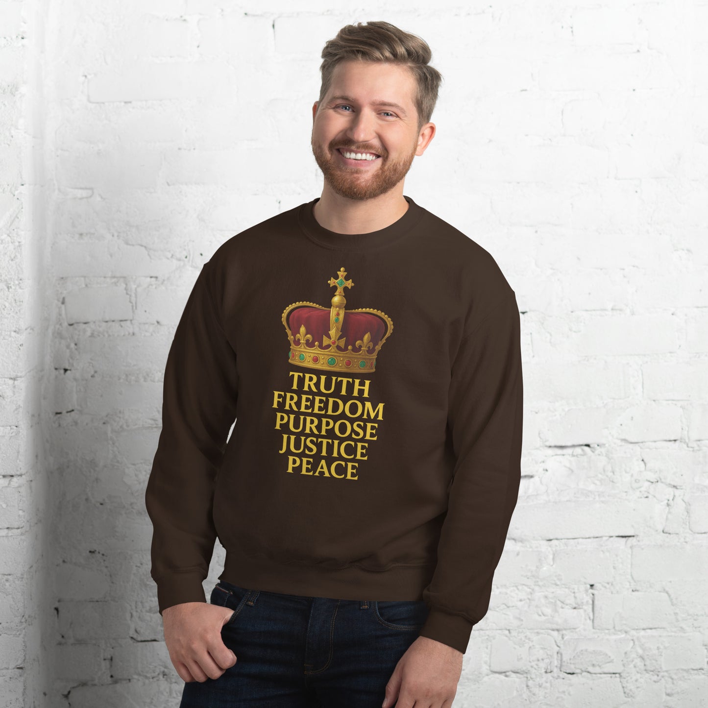Christian sweatshirt with Truth • Freedom • Purpose • Justice • Peace royal crown design