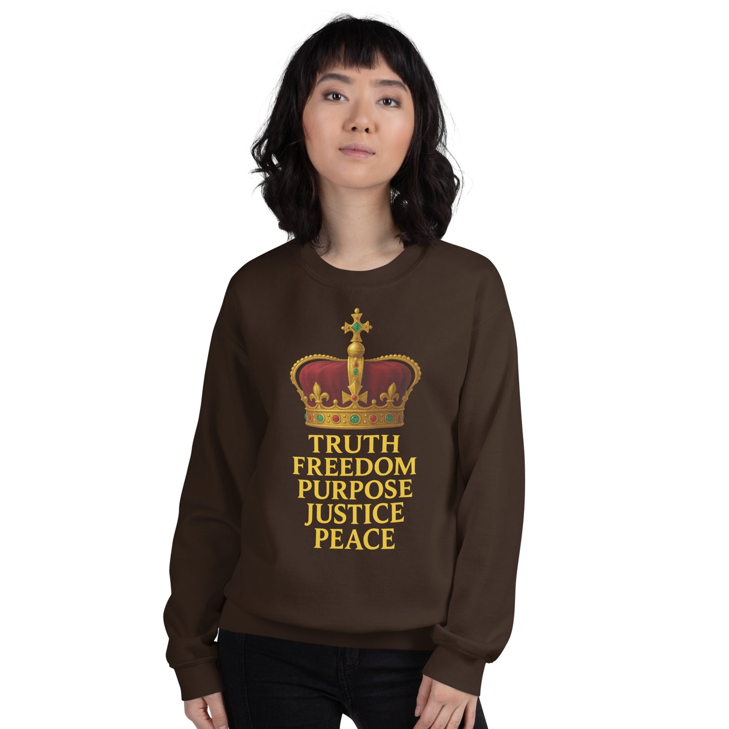Christian sweatshirt with Truth • Freedom • Purpose • Justice • Peace royal crown design