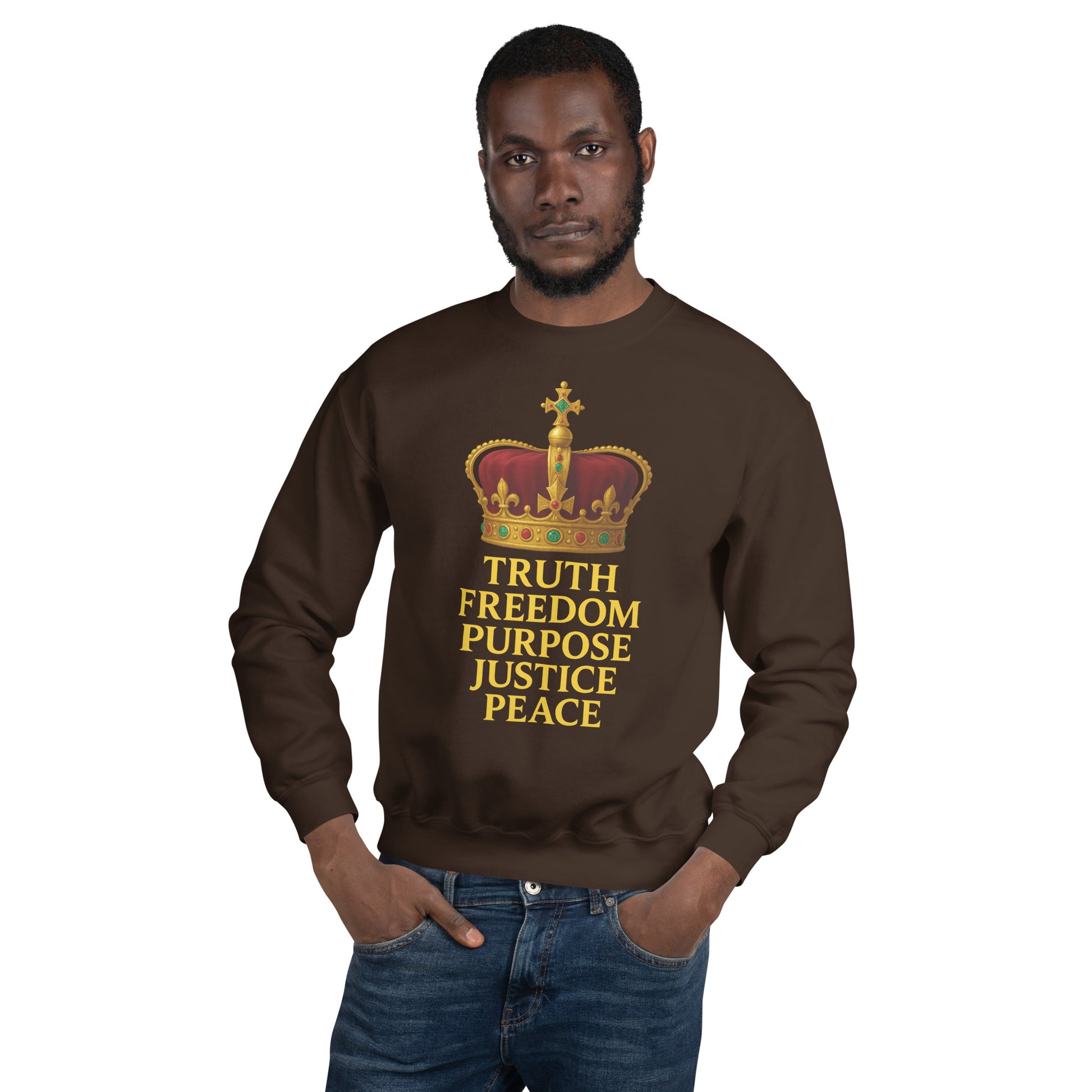 Christian sweatshirt with Truth • Freedom • Purpose • Justice • Peace royal crown design