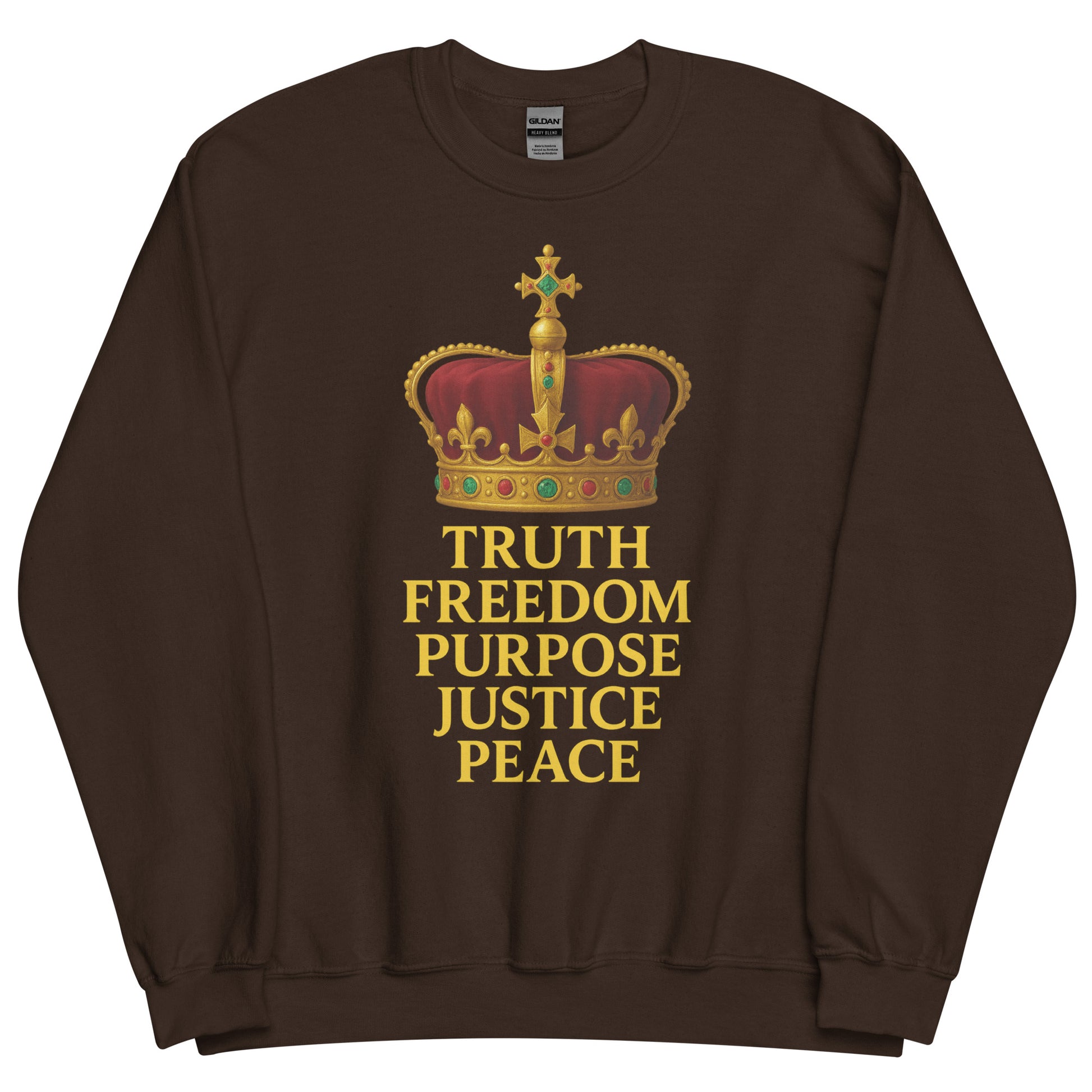 Christian sweatshirt with Truth • Freedom • Purpose • Justice • Peace royal crown design