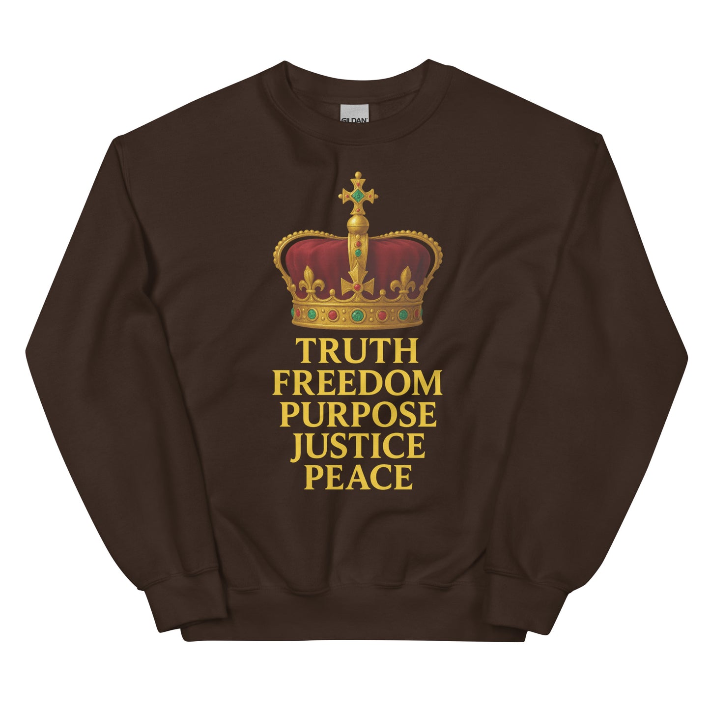 Christian sweatshirt with Truth • Freedom • Purpose • Justice • Peace royal crown design