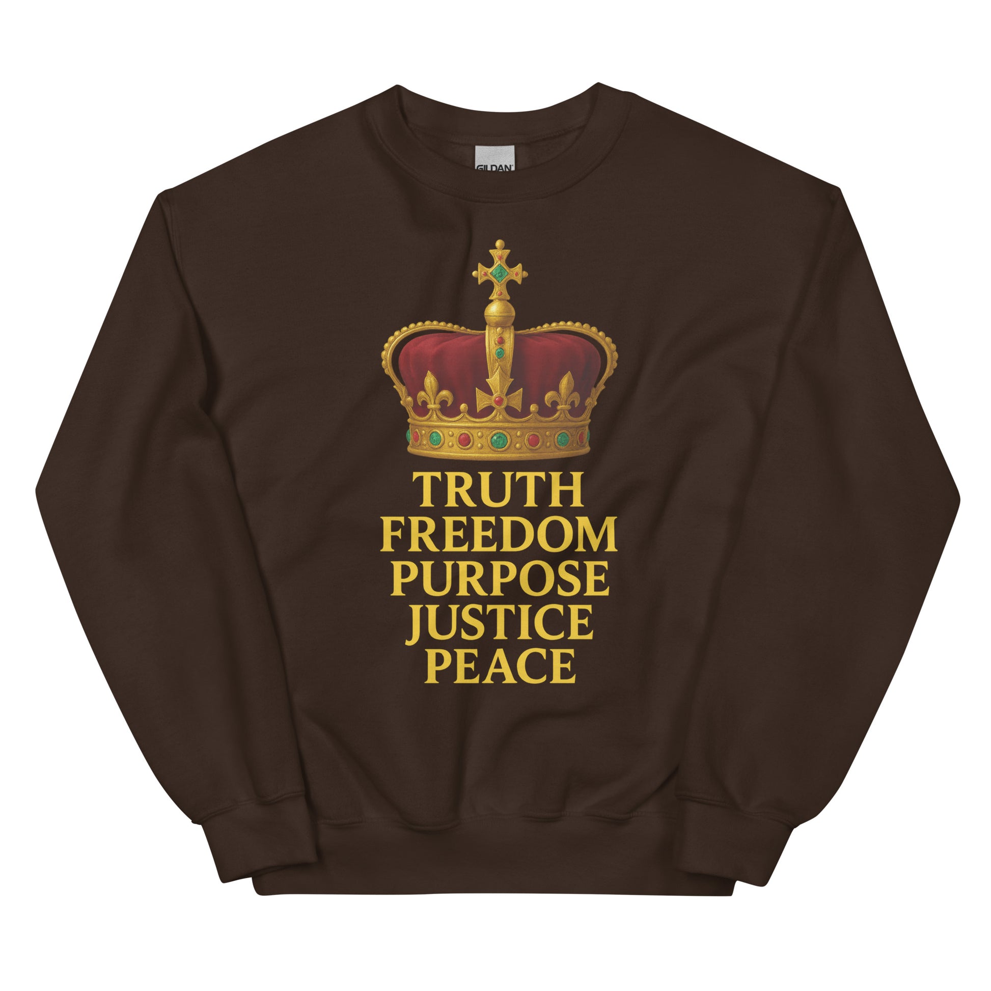 Christian sweatshirt with Truth • Freedom • Purpose • Justice • Peace royal crown design