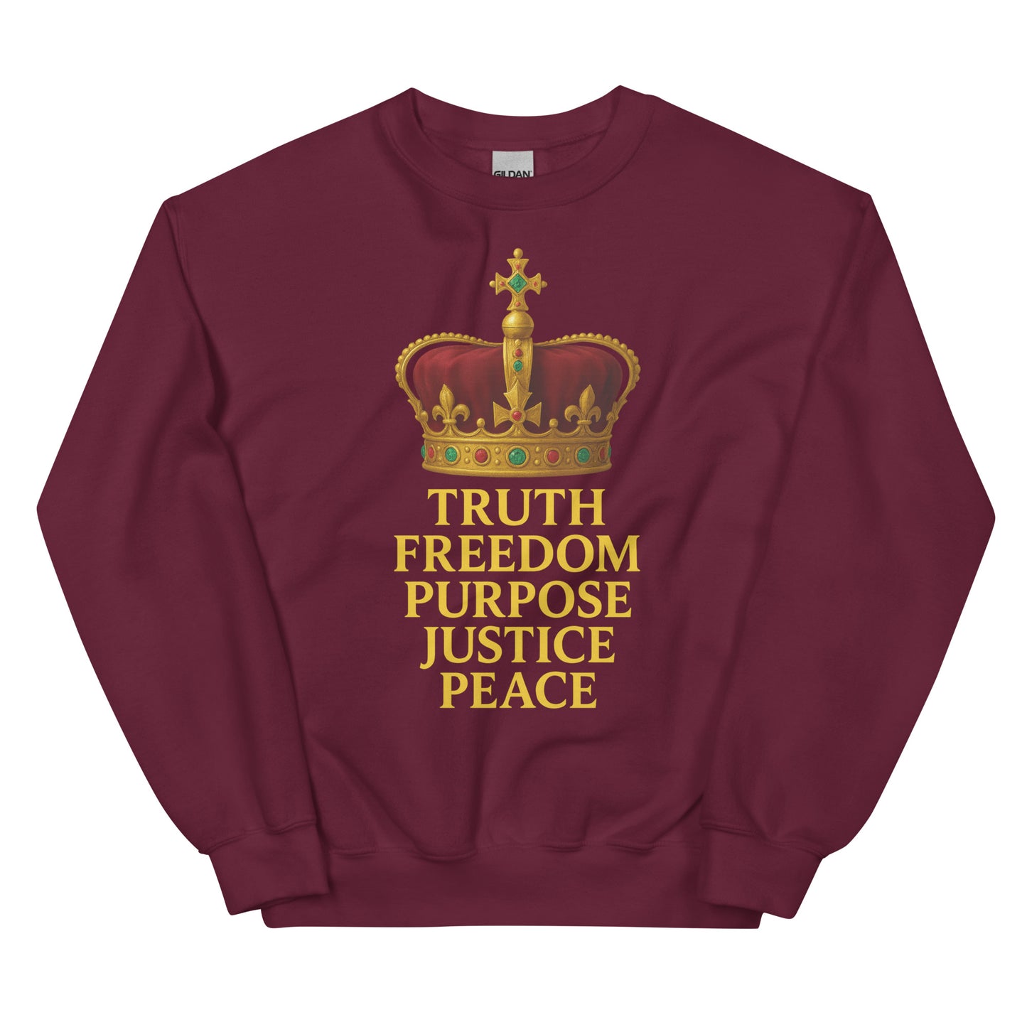 Christian sweatshirt with Truth • Freedom • Purpose • Justice • Peace royal crown design