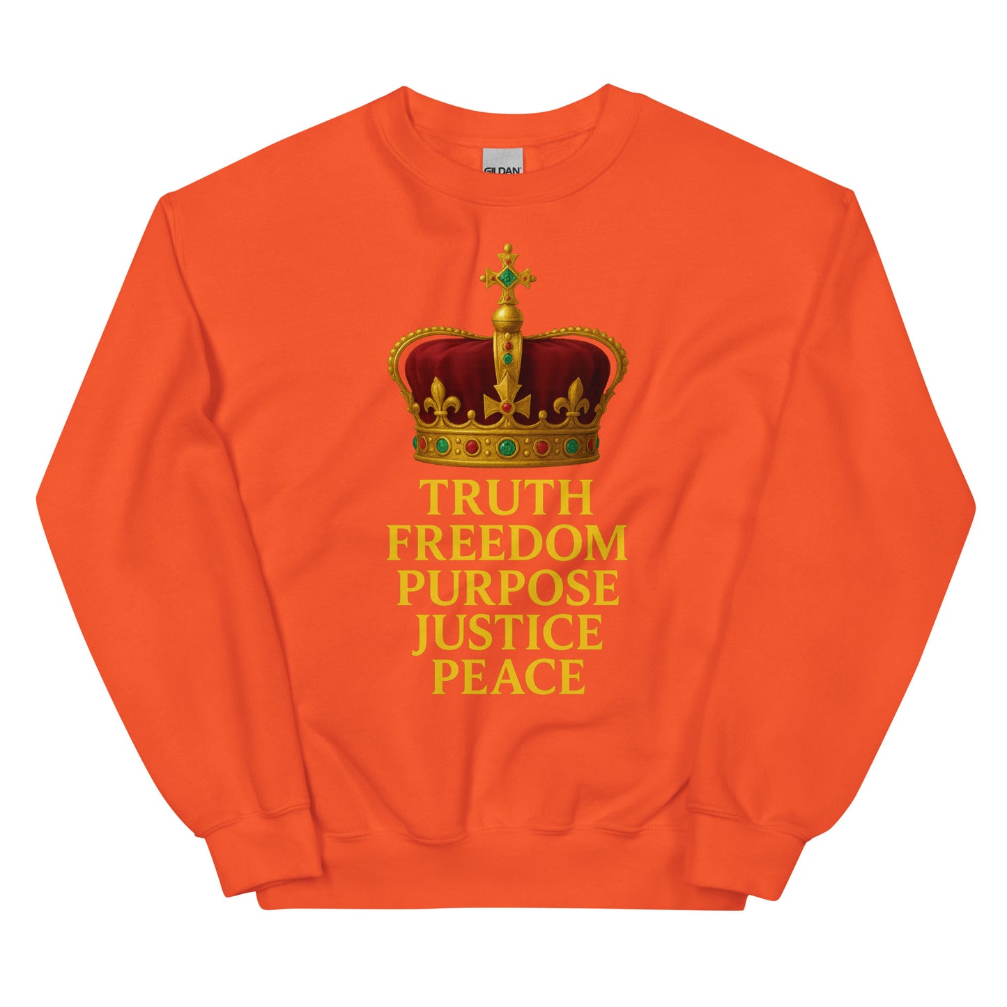 Christian sweatshirt with Truth • Freedom • Purpose • Justice • Peace royal crown design