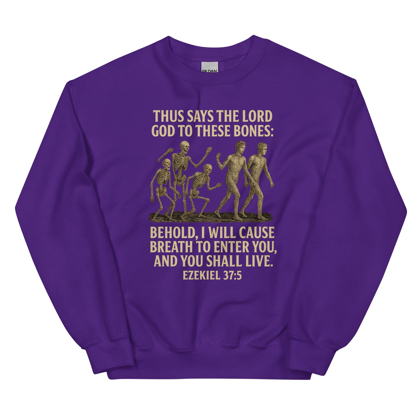 Christian prophecy sweatshirt with Ezekiel 37:5 Dry Bones design