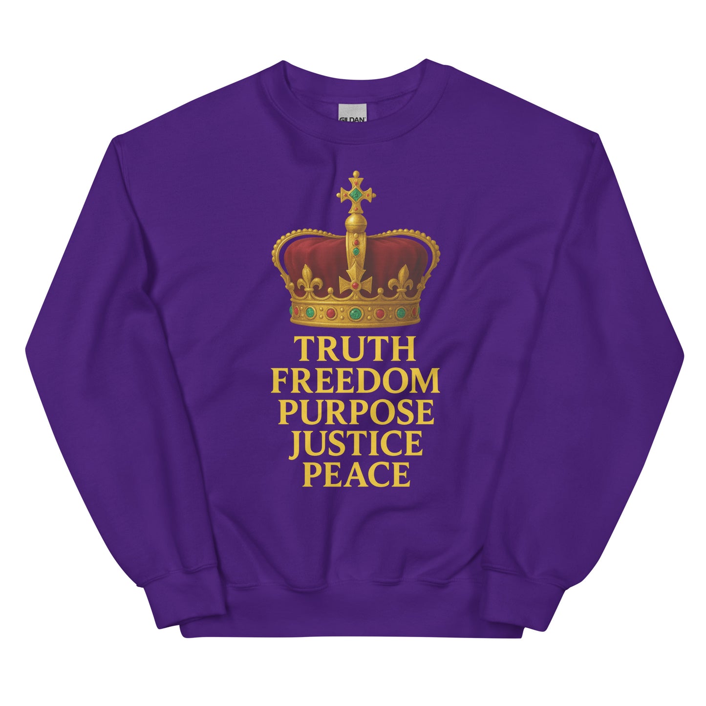 Christian sweatshirt with Truth • Freedom • Purpose • Justice • Peace royal crown design