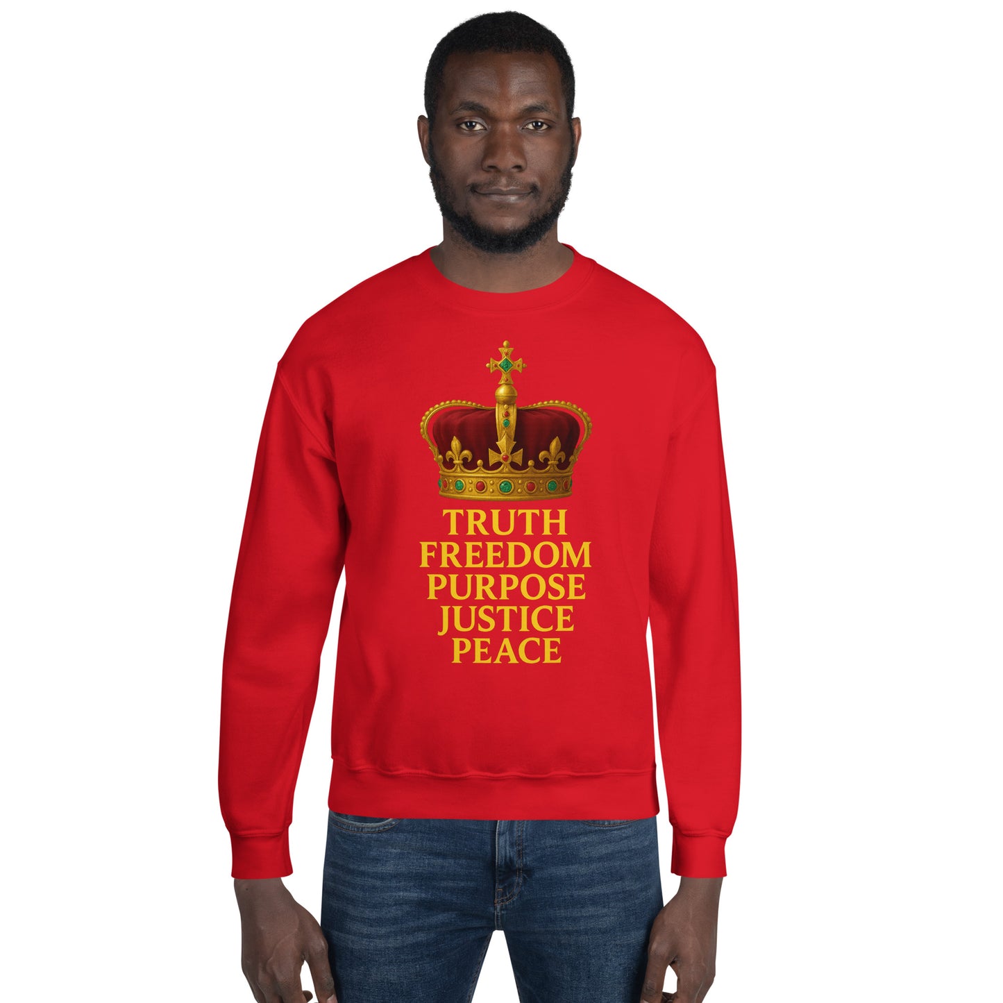 Christian sweatshirt with Truth • Freedom • Purpose • Justice • Peace royal crown design