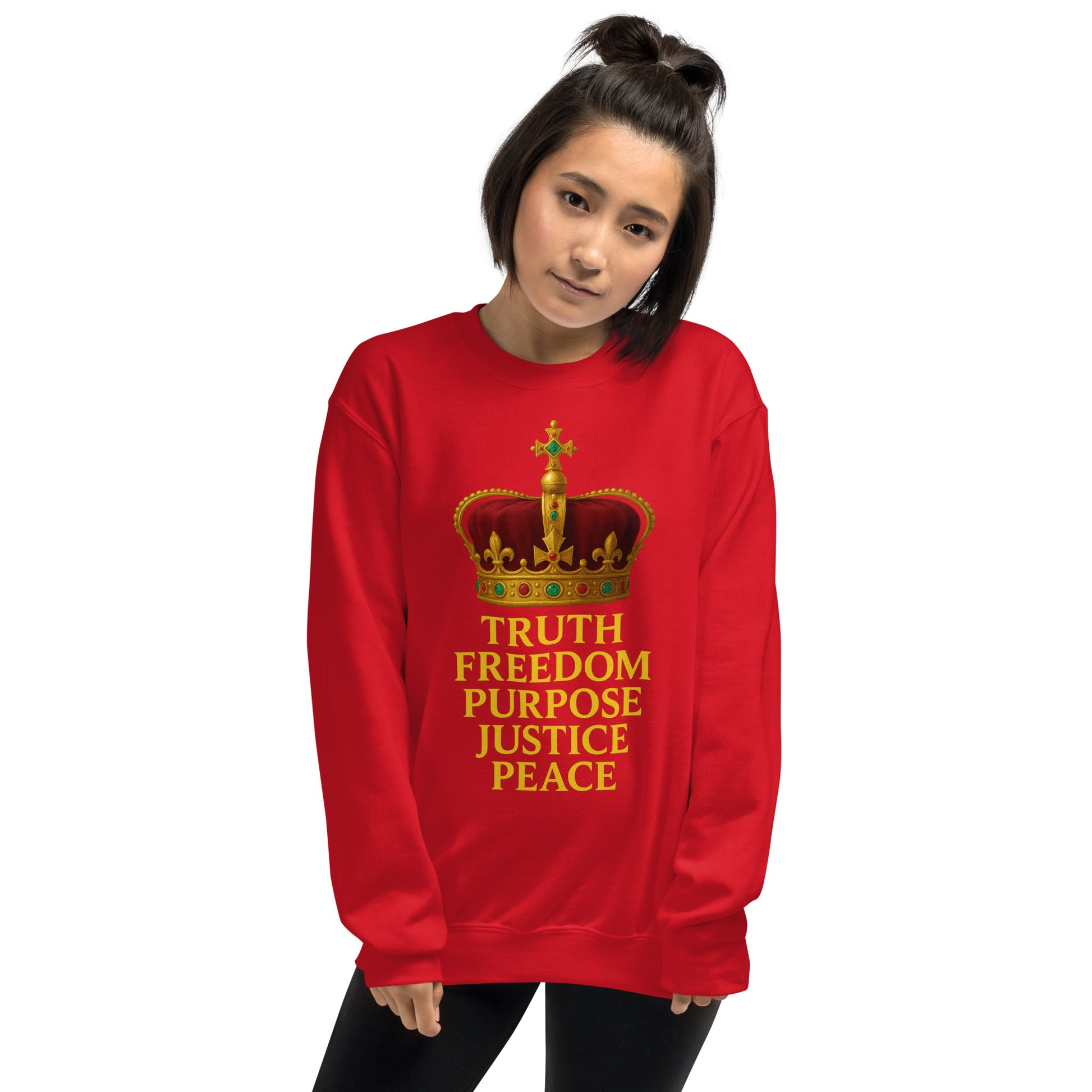 Christian sweatshirt with Truth • Freedom • Purpose • Justice • Peace royal crown design