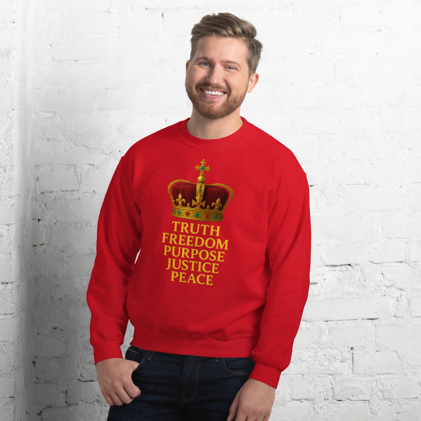 Christian sweatshirt with Truth • Freedom • Purpose • Justice • Peace royal crown design