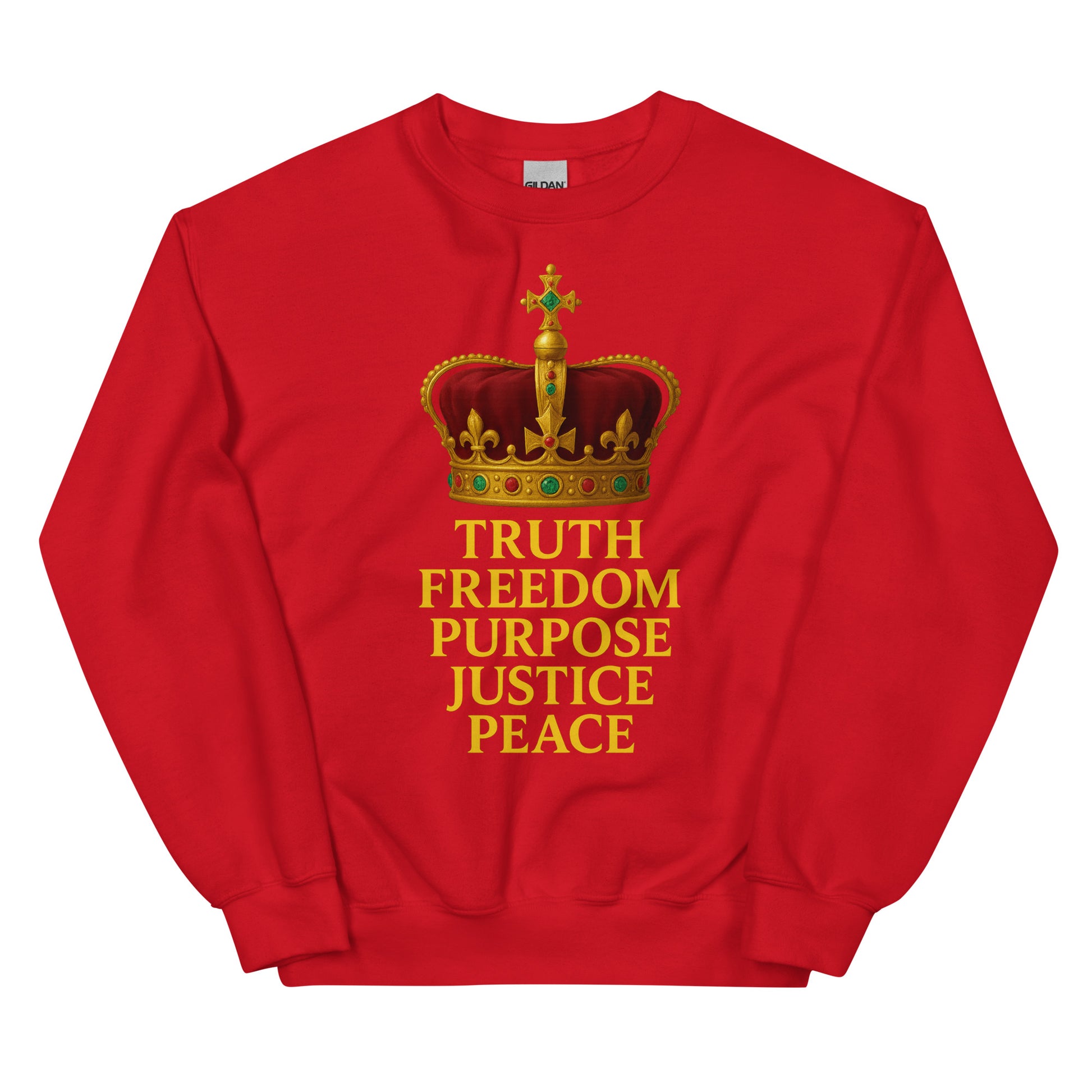 Christian sweatshirt with Truth • Freedom • Purpose • Justice • Peace royal crown design