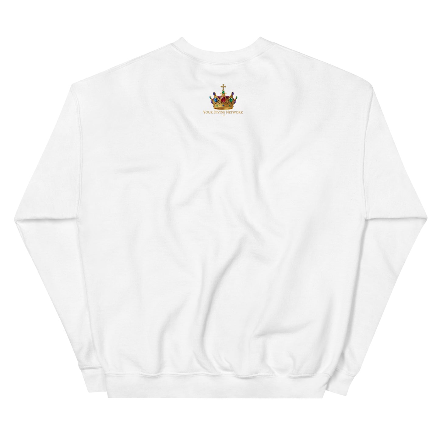 White sweatshirt with a logo on the chest against a white background