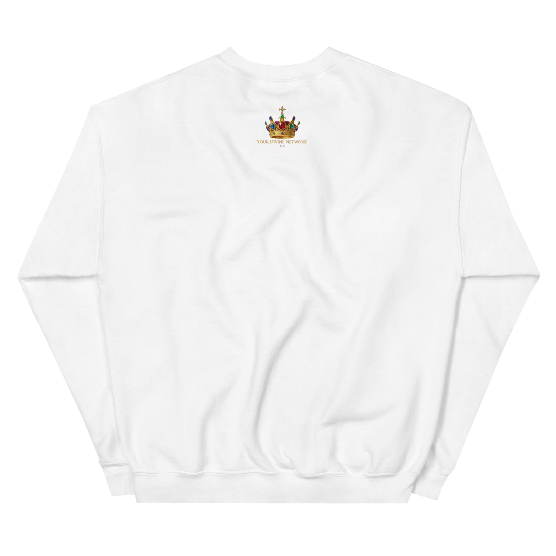 White sweatshirt with a logo on the chest against a white background