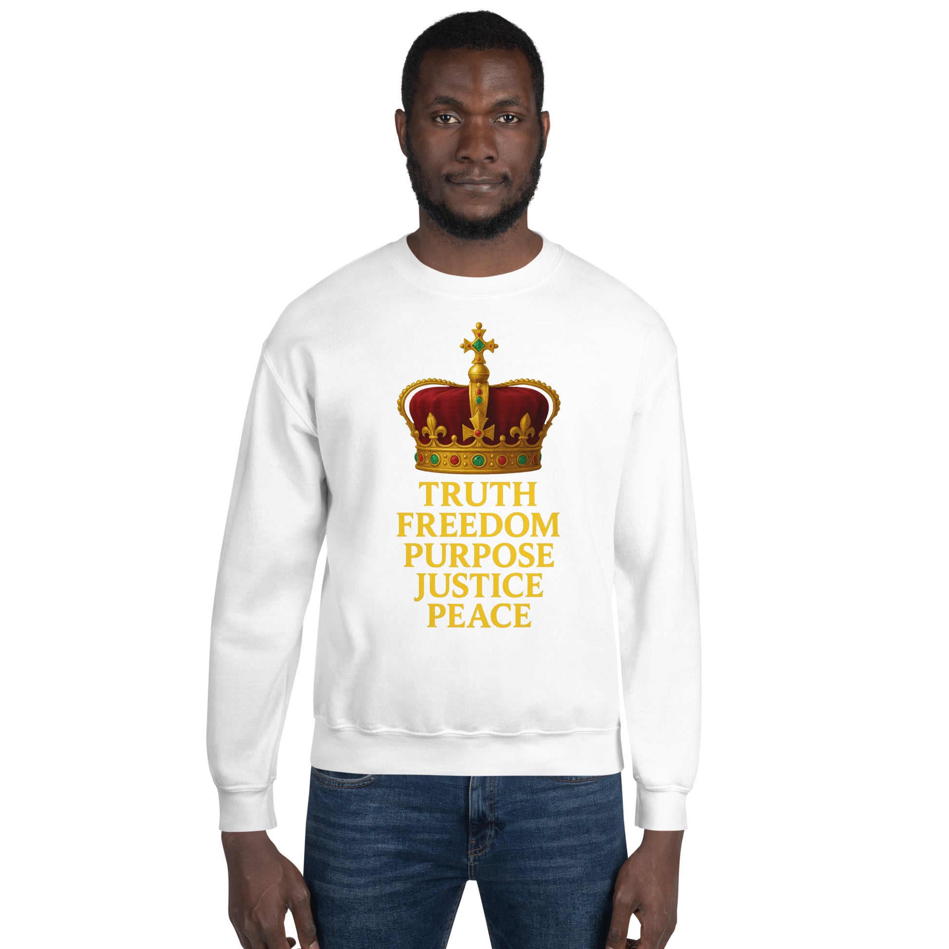 Christian sweatshirt with Truth • Freedom • Purpose • Justice • Peace royal crown design